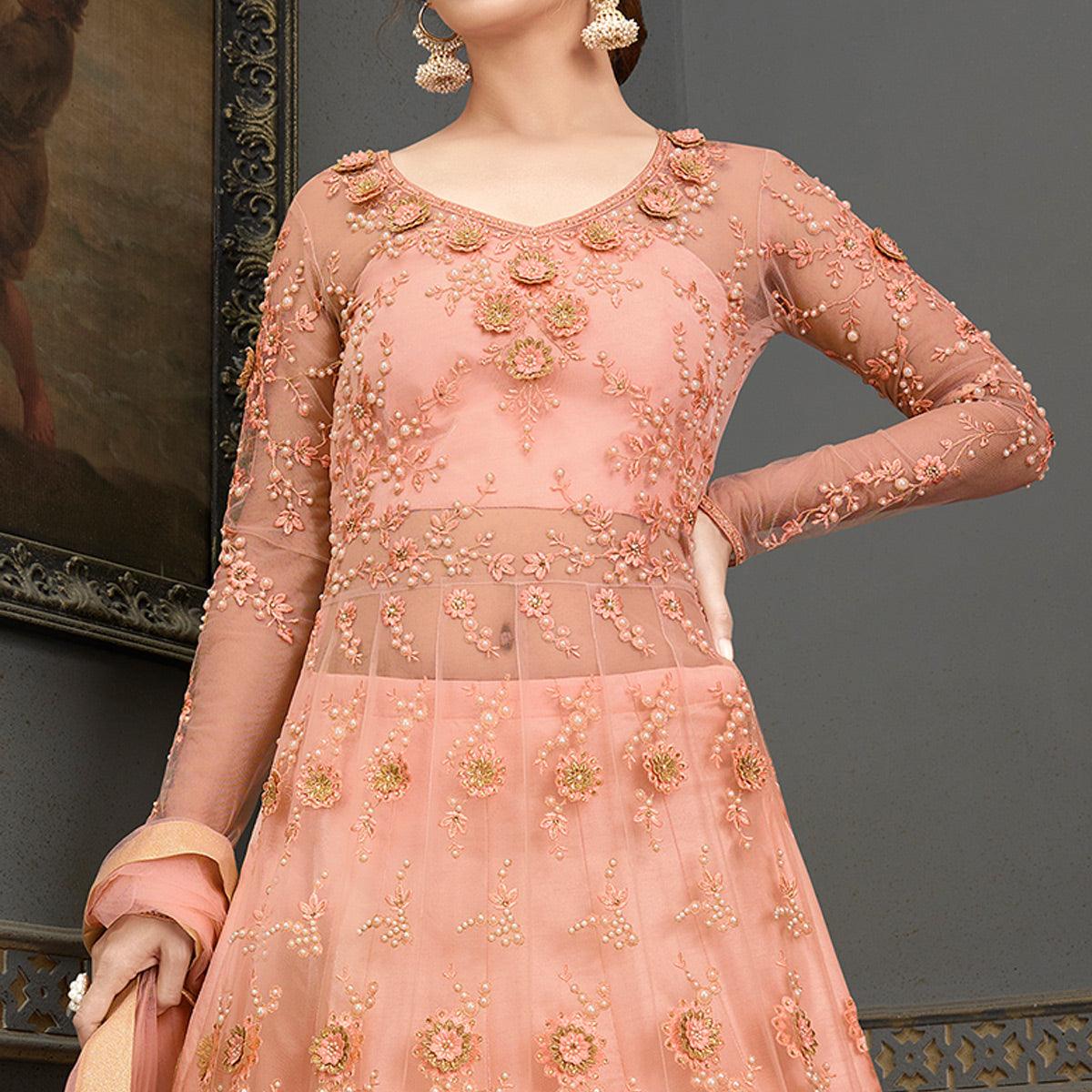 Peach Floral Embroidered With Handwork Soft Net Partywear Gown - Peachmode