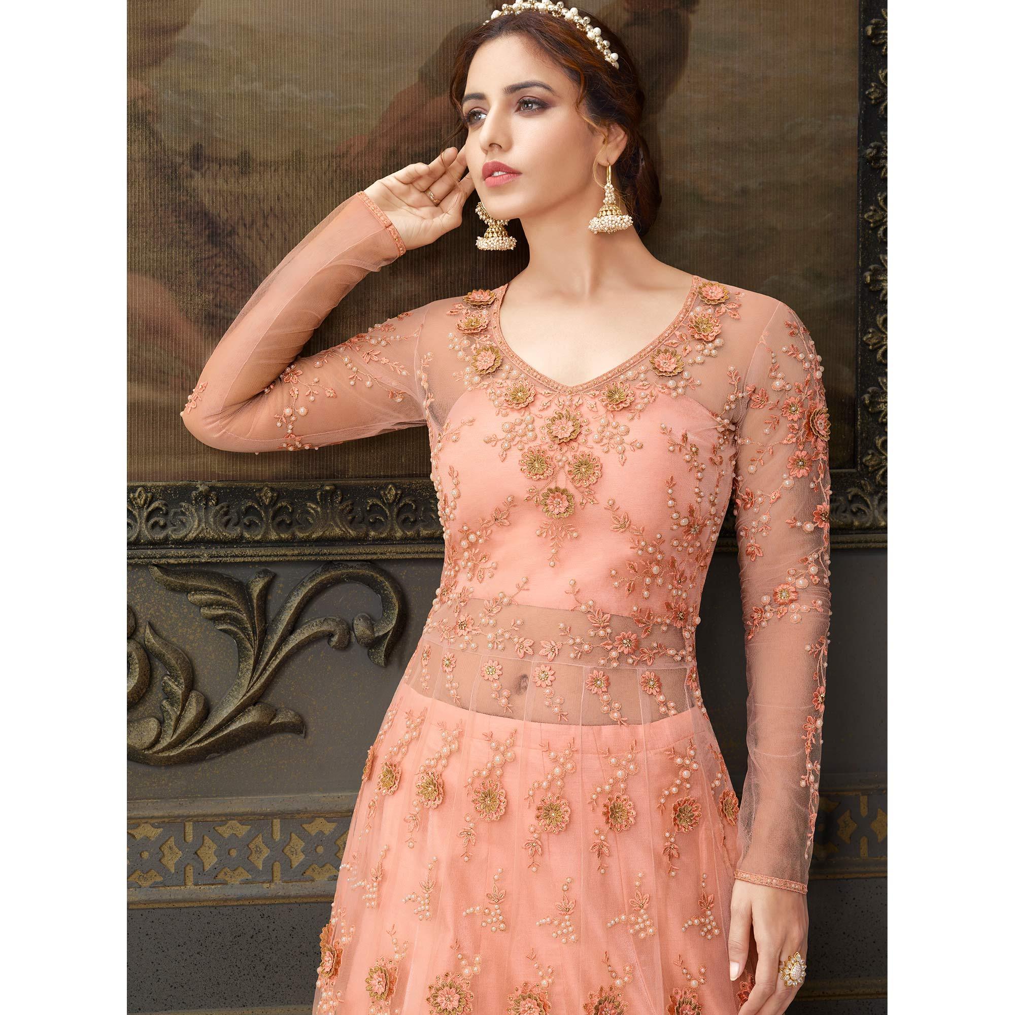 Peach Floral Embroidered With Handwork Soft Net Partywear Gown - Peachmode