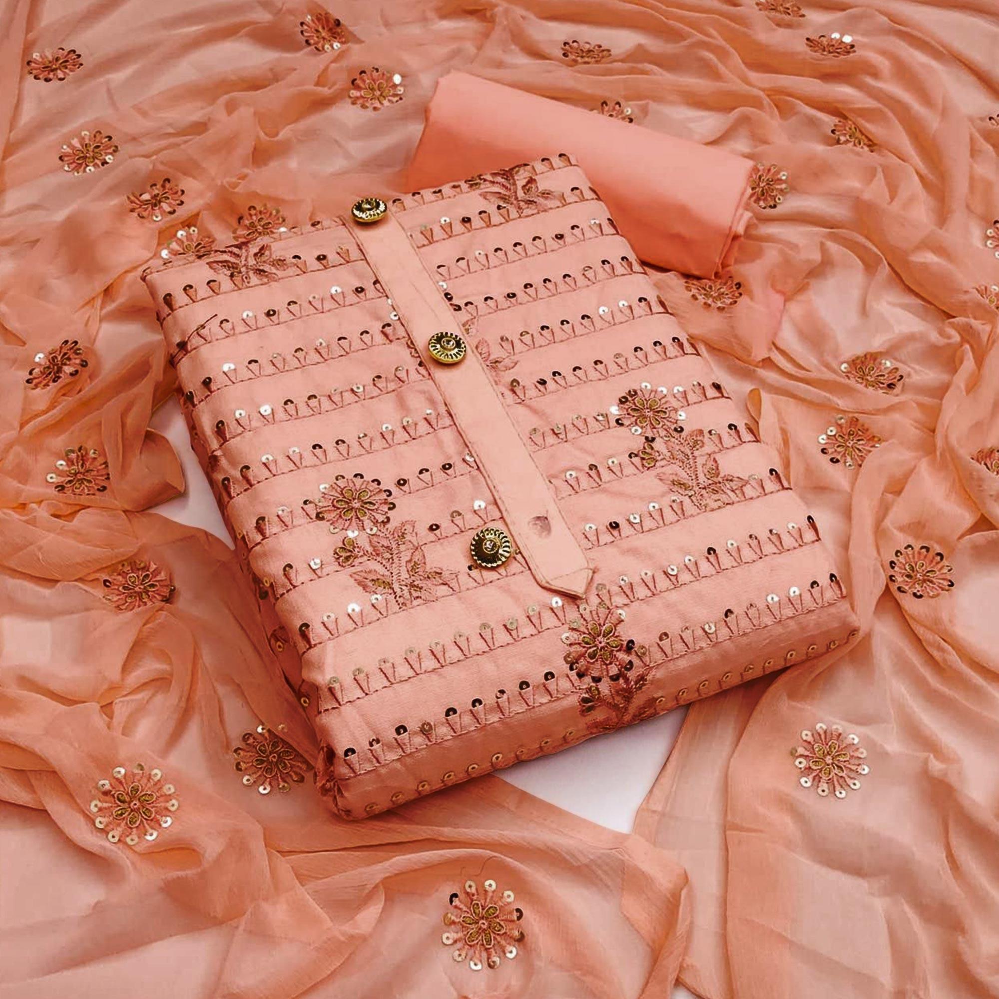 Peach Floral Embroidered With Sequence Poly Cotton Dress Material - Peachmode