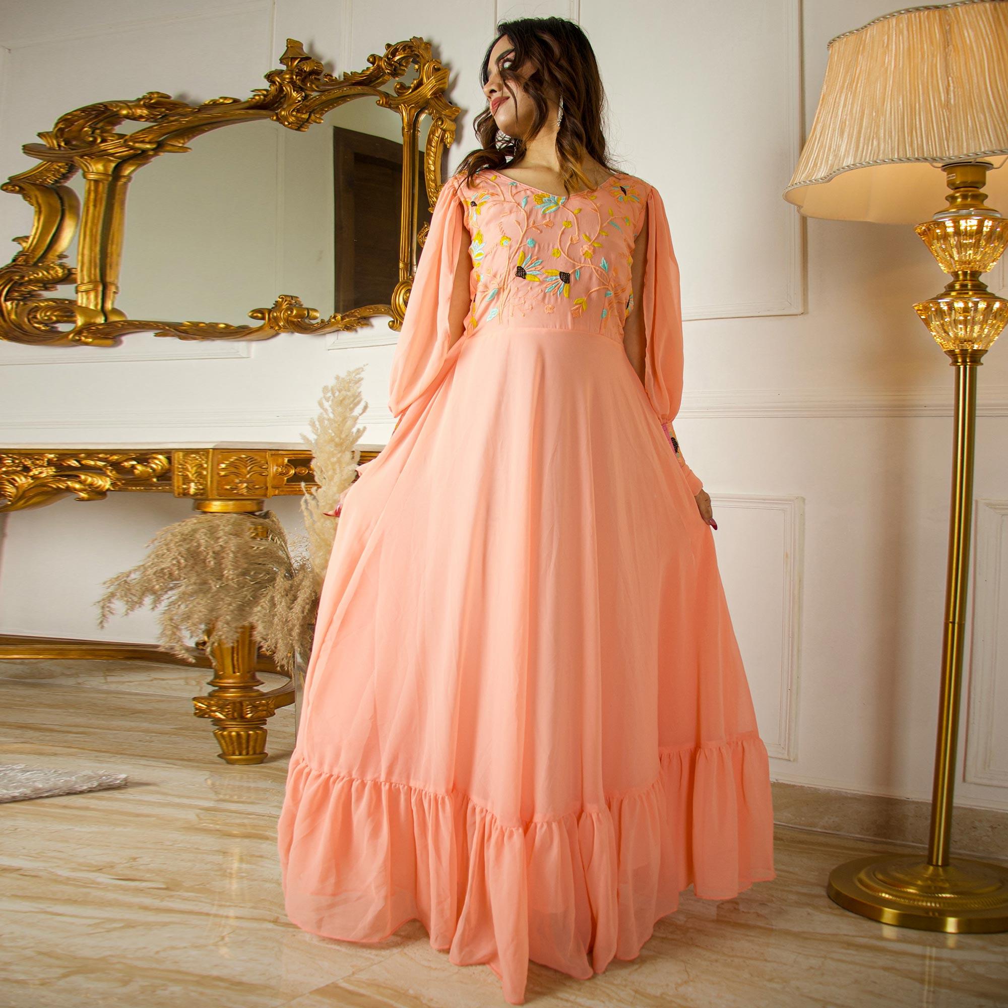 Peach Floral Embroidered With Side Open Sleeves Georgette Partywear Gown - Peachmode