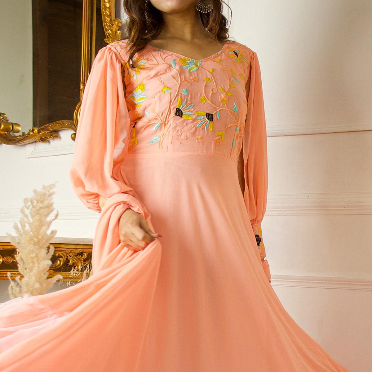 Peach Floral Embroidered With Side Open Sleeves Georgette Partywear Gown - Peachmode