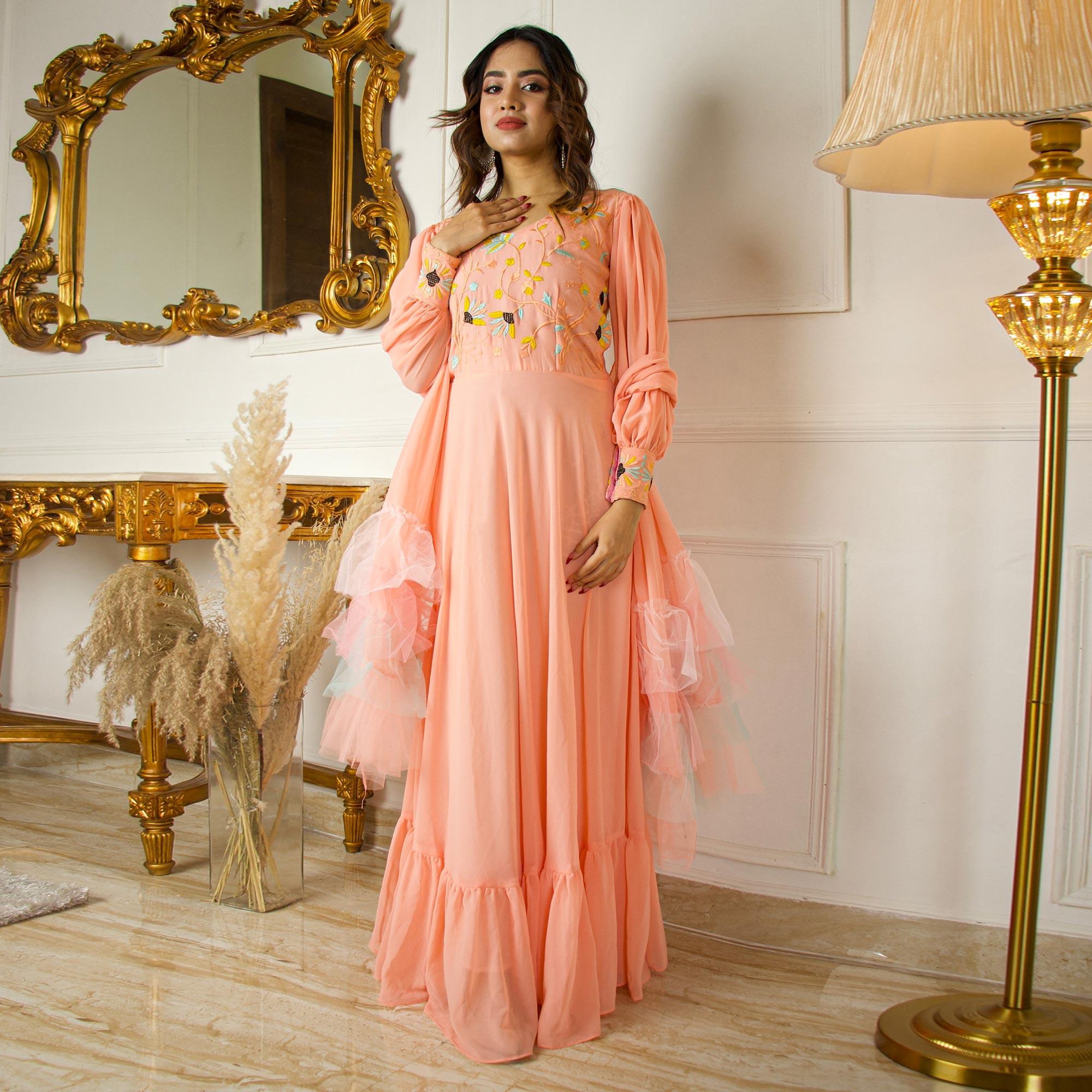 Peach Floral Embroidered With Side Open Sleeves Georgette Partywear Gown - Peachmode