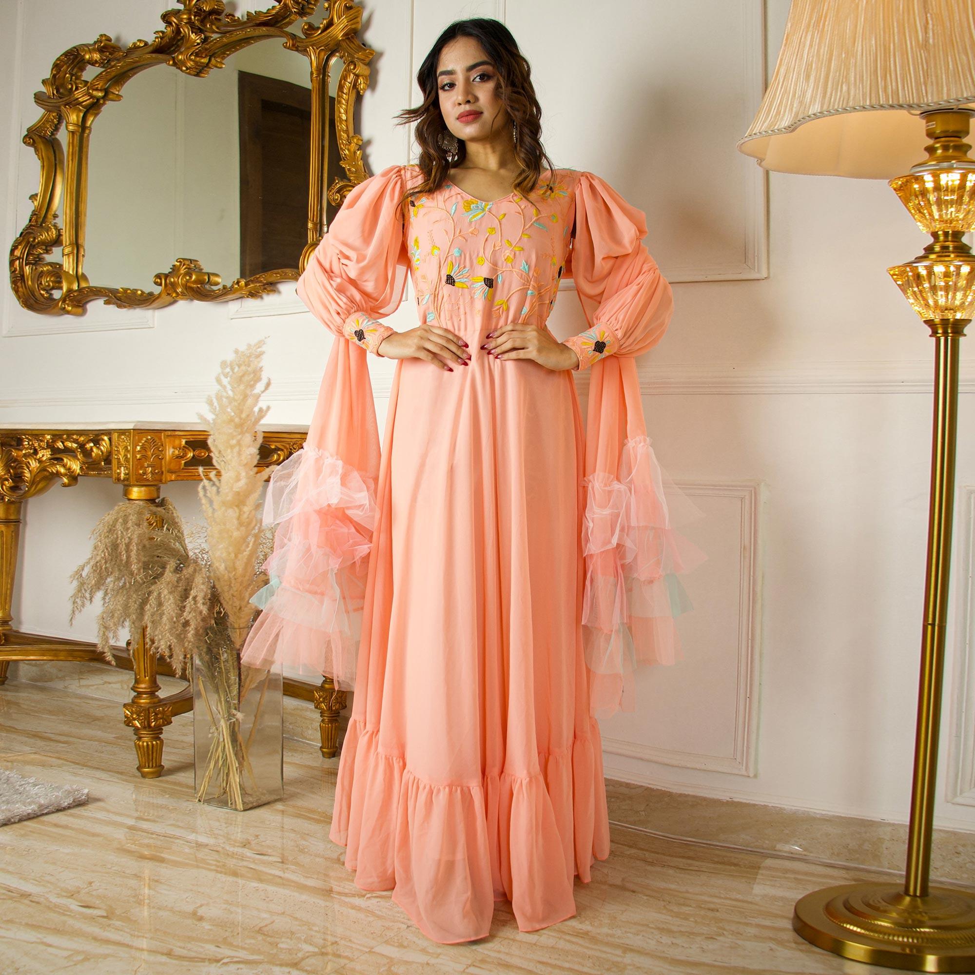 Peach Floral Embroidered With Side Open Sleeves Georgette Partywear Gown - Peachmode
