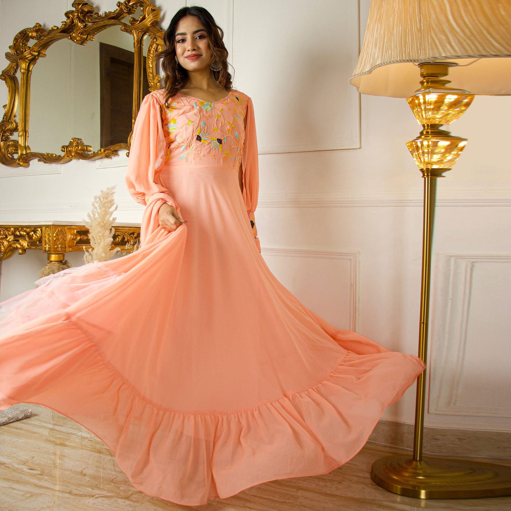 Peach Floral Embroidered With Side Open Sleeves Georgette Partywear Gown - Peachmode