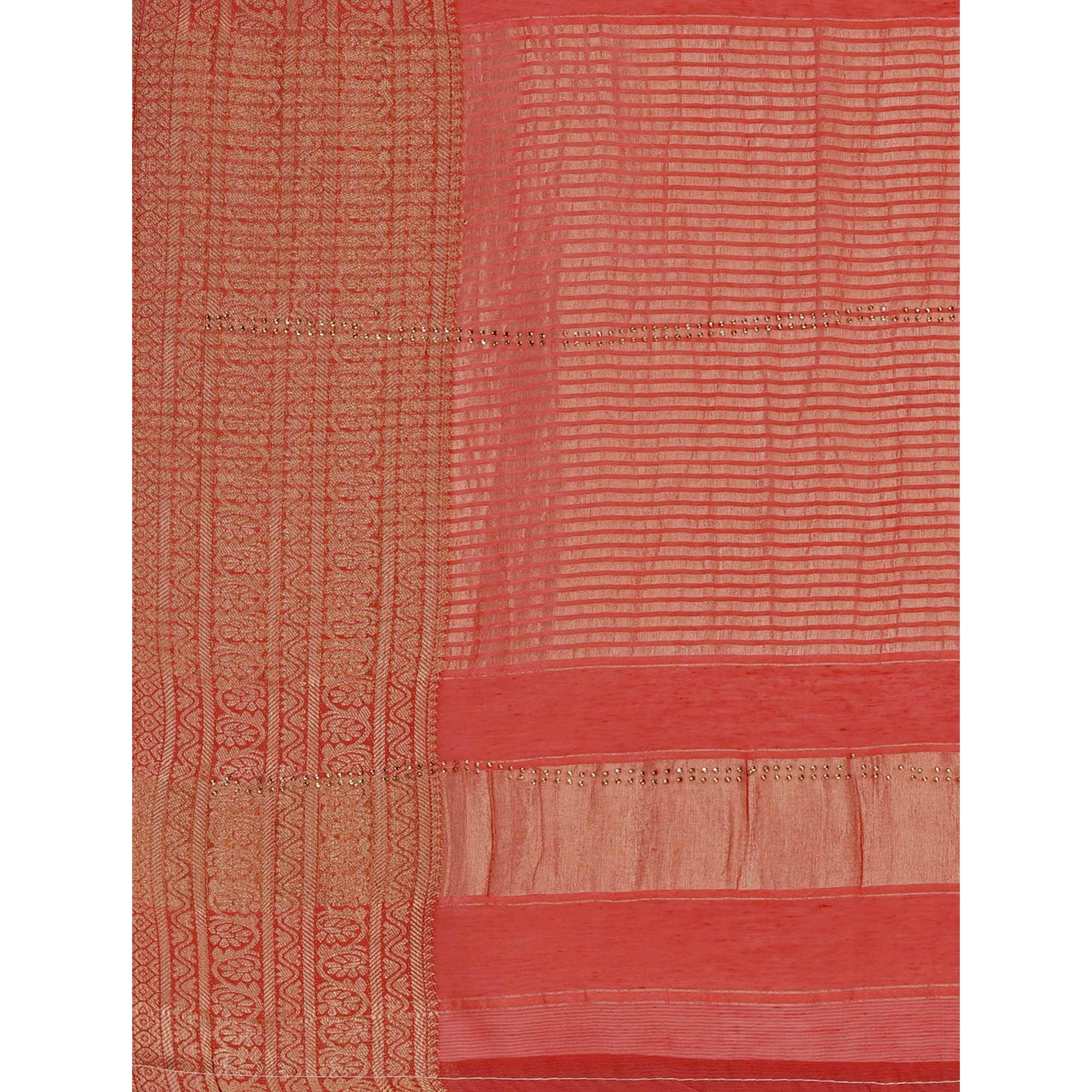 Peach Floral Embroidered With Stonework Organza Saree - Peachmode