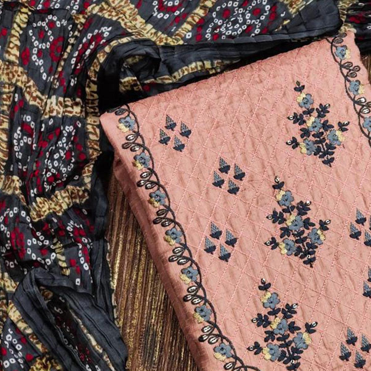 Peach Floral Emrboidered Pure Silk Dress Material - Peachmode