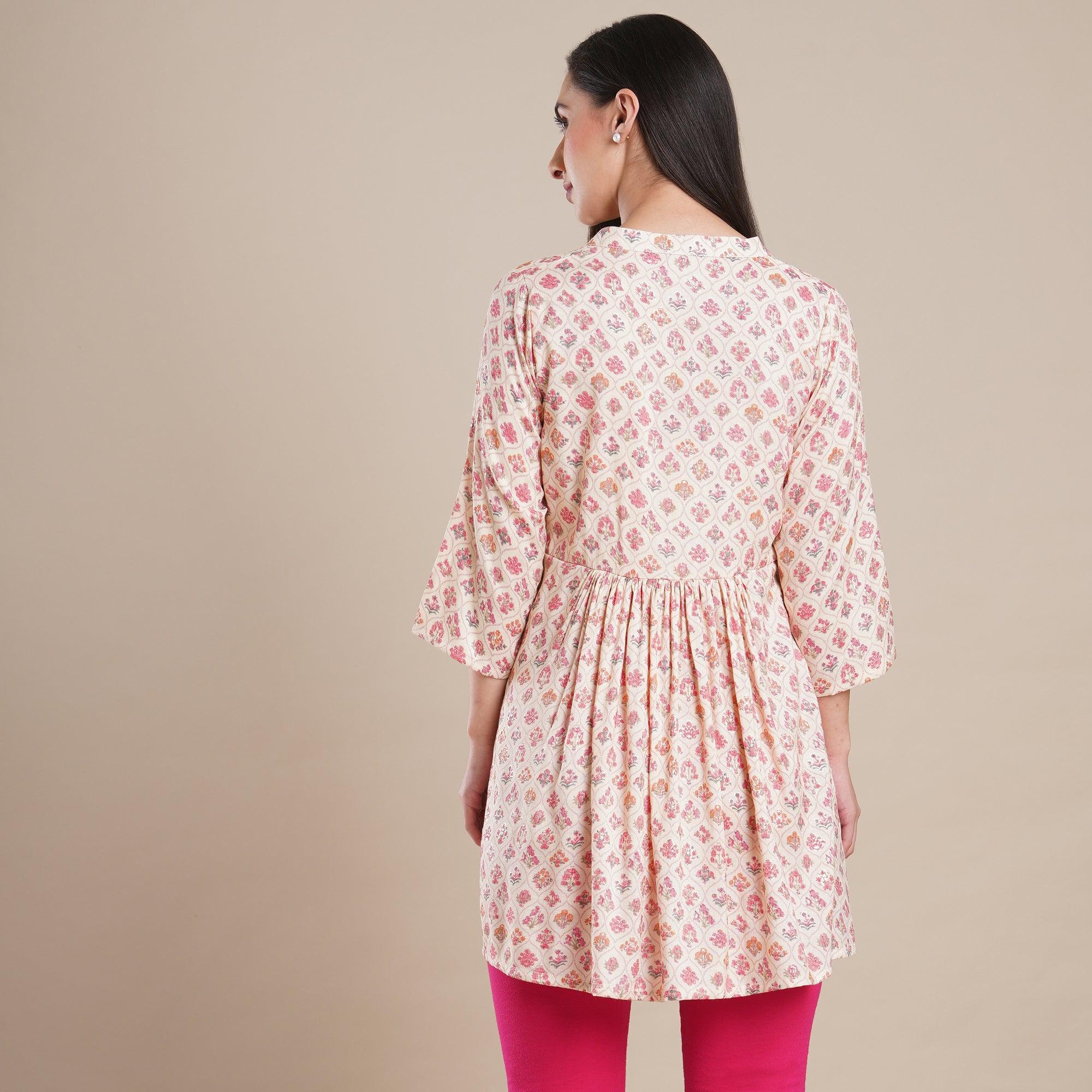 Peach Floral Foil Printed Rayon Top - Peachmode