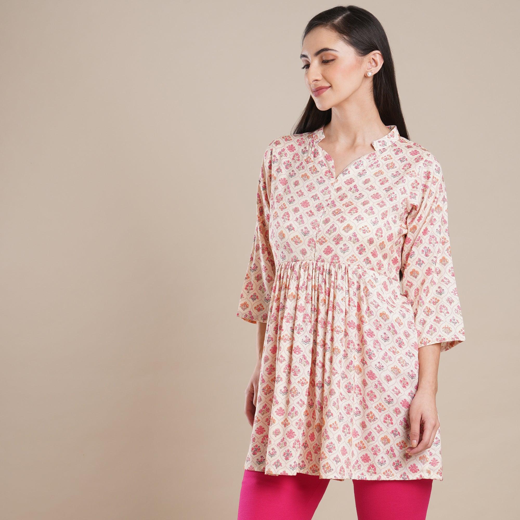 Peach Floral Foil Printed Rayon Top - Peachmode