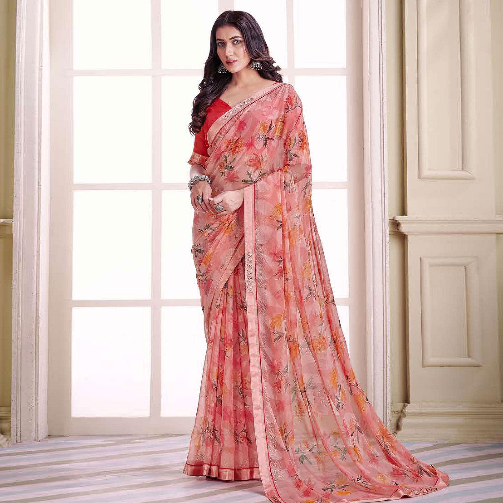 Peach Floral Printed Brasso Saree - Peachmode