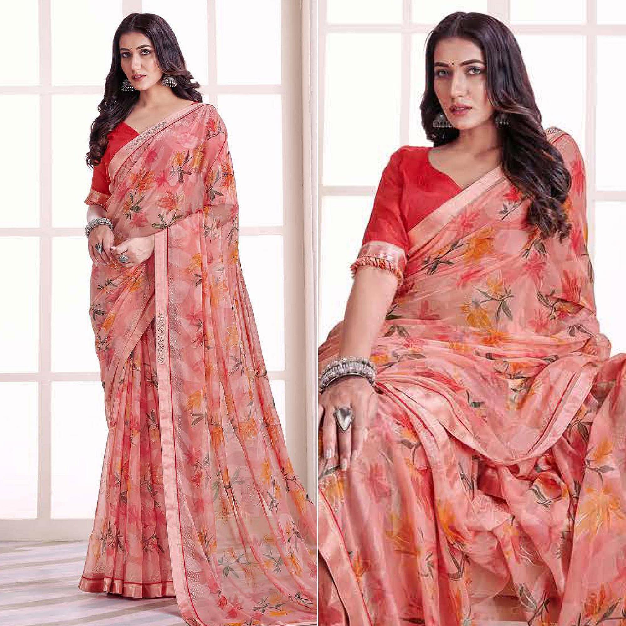 Peach Floral Printed Brasso Saree - Peachmode