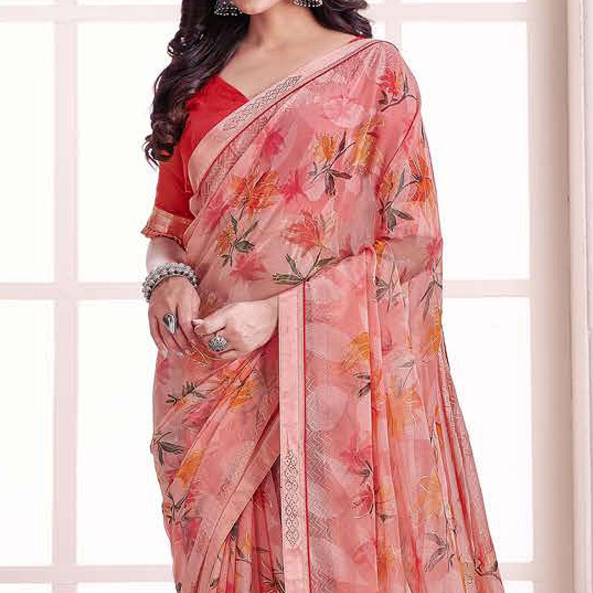 Peach Floral Printed Brasso Saree - Peachmode