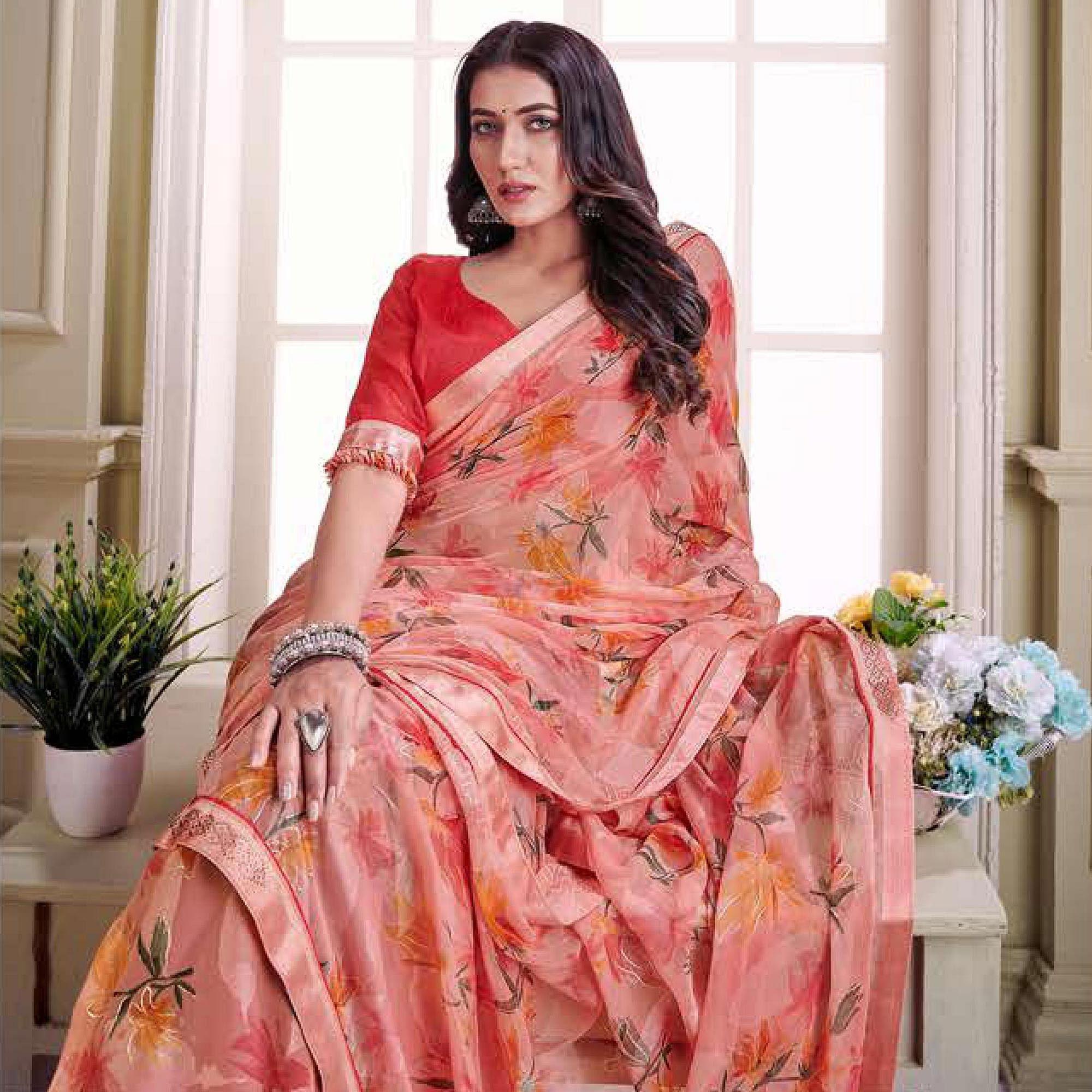 Peach Floral Printed Brasso Saree - Peachmode