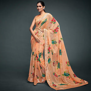 Peach Floral Printed Georgette Saree - Peachmode