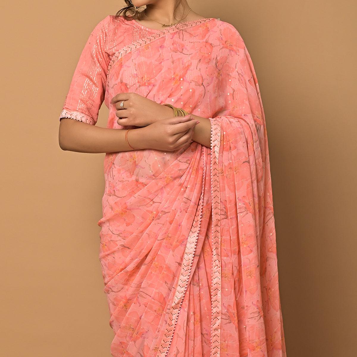 Peach Floral Printed Georgette Saree - Peachmode