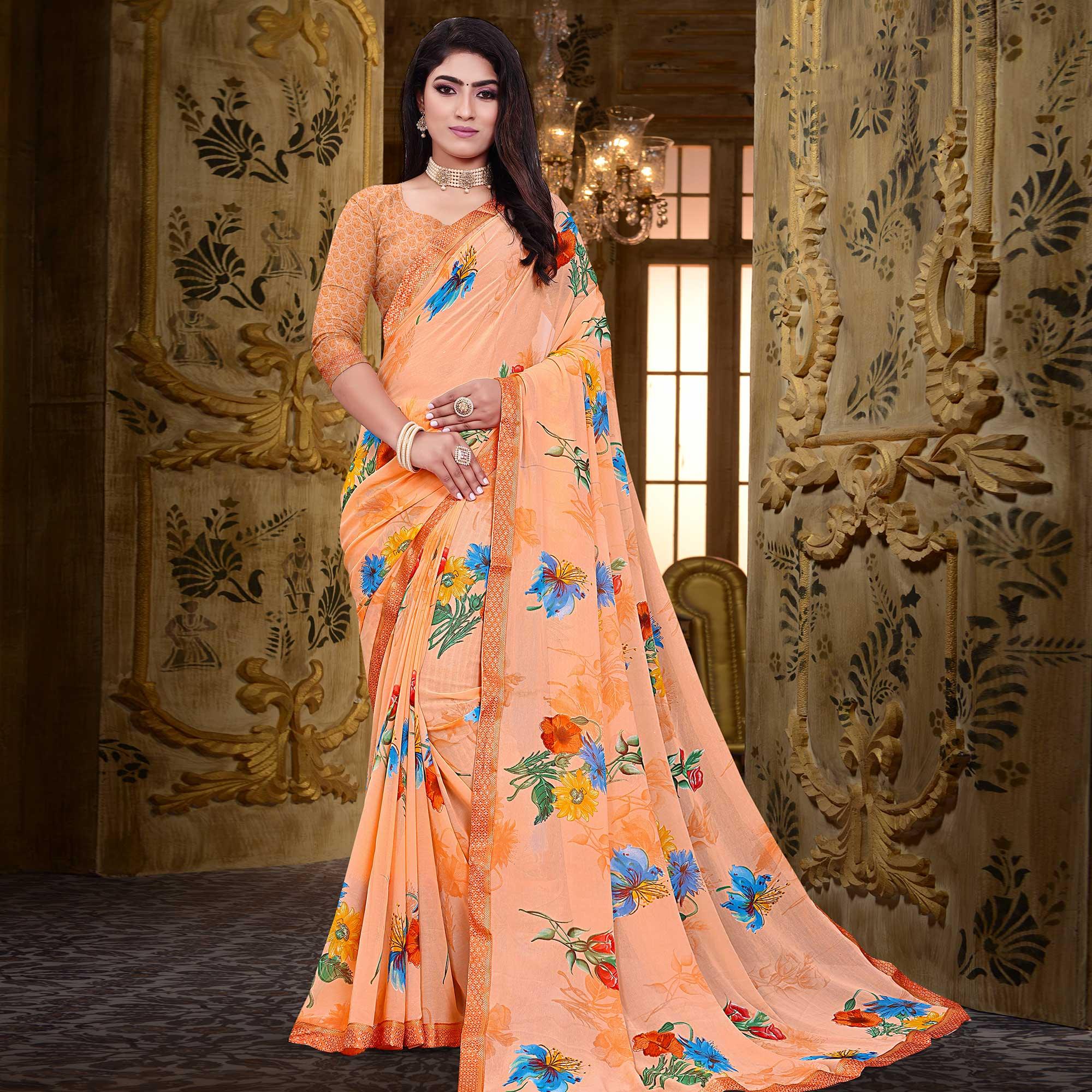 Peach Floral Printed Georgette Saree - Peachmode