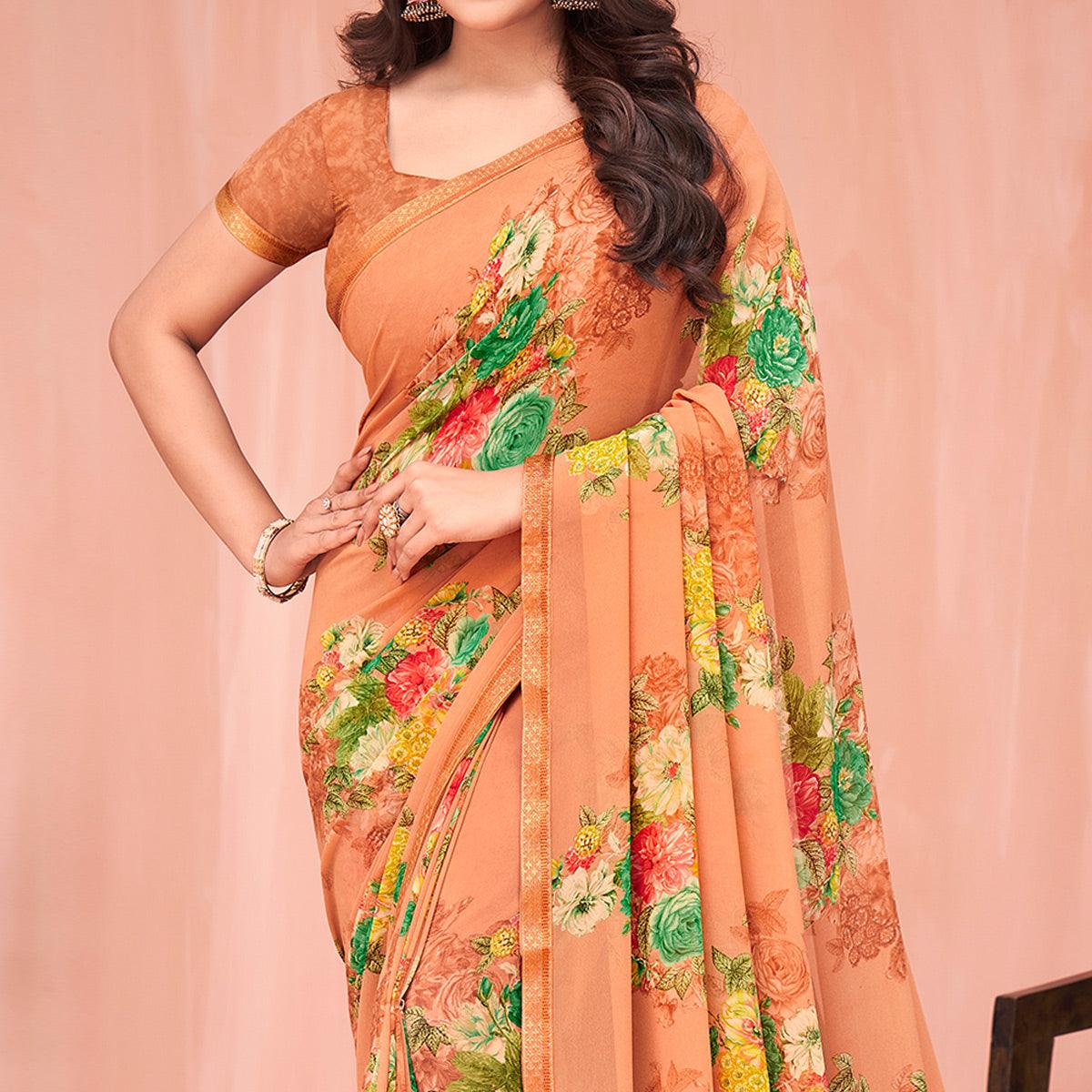 Peach Floral Printed Georgette Saree - Peachmode