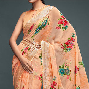 Peach Floral Printed Georgette Saree - Peachmode