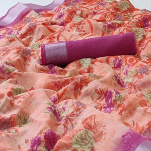 Peach Floral Printed Linen Saree - Peachmode
