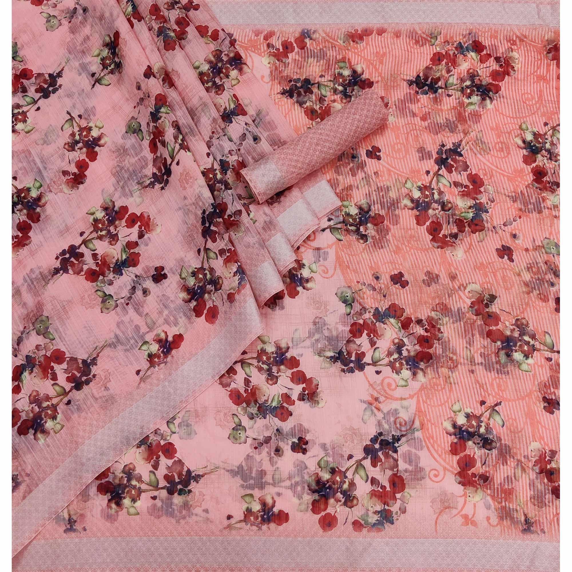 Peach Floral Printed Linen Saree - Peachmode