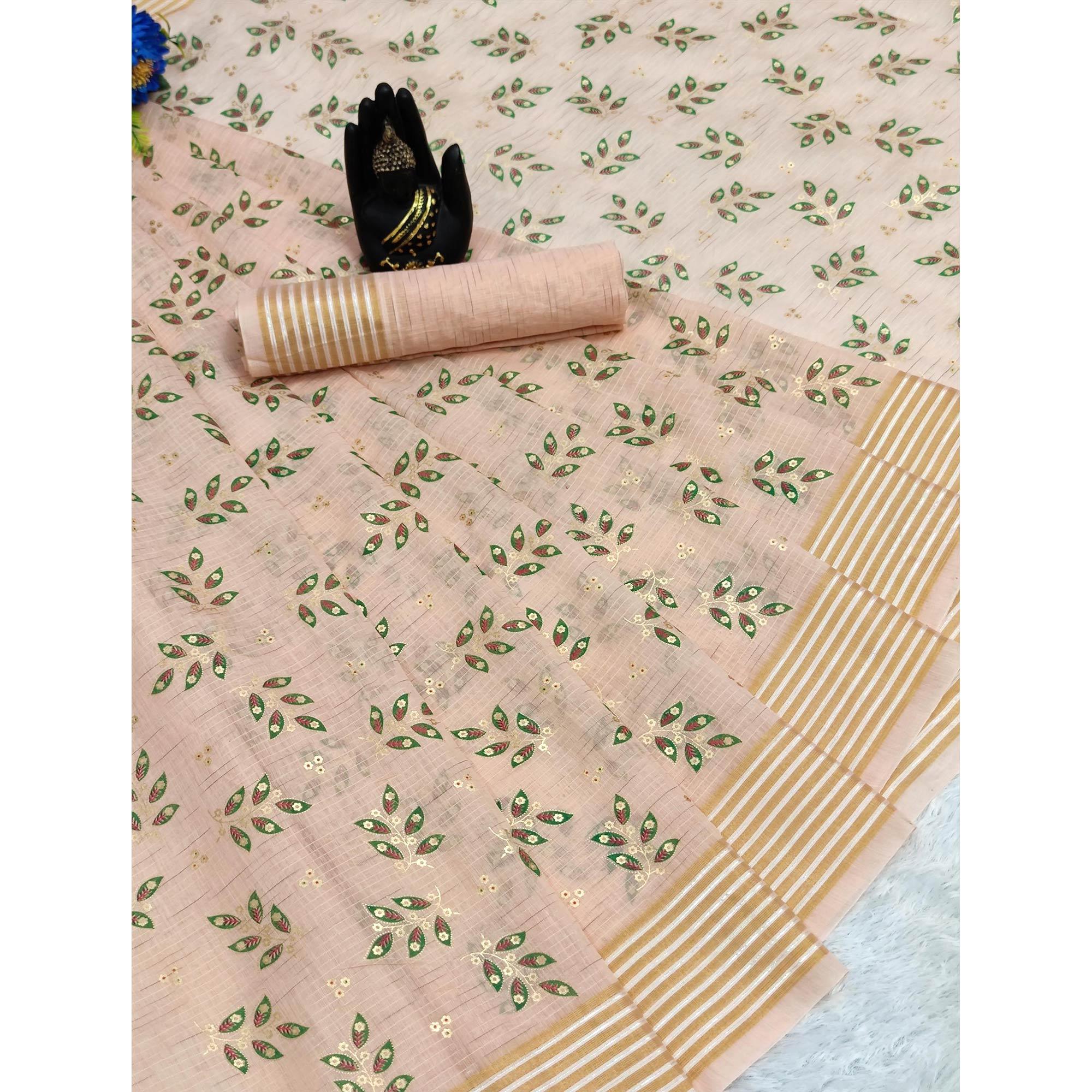 Peach Floral Printed Pure Cotton Saree - Peachmode