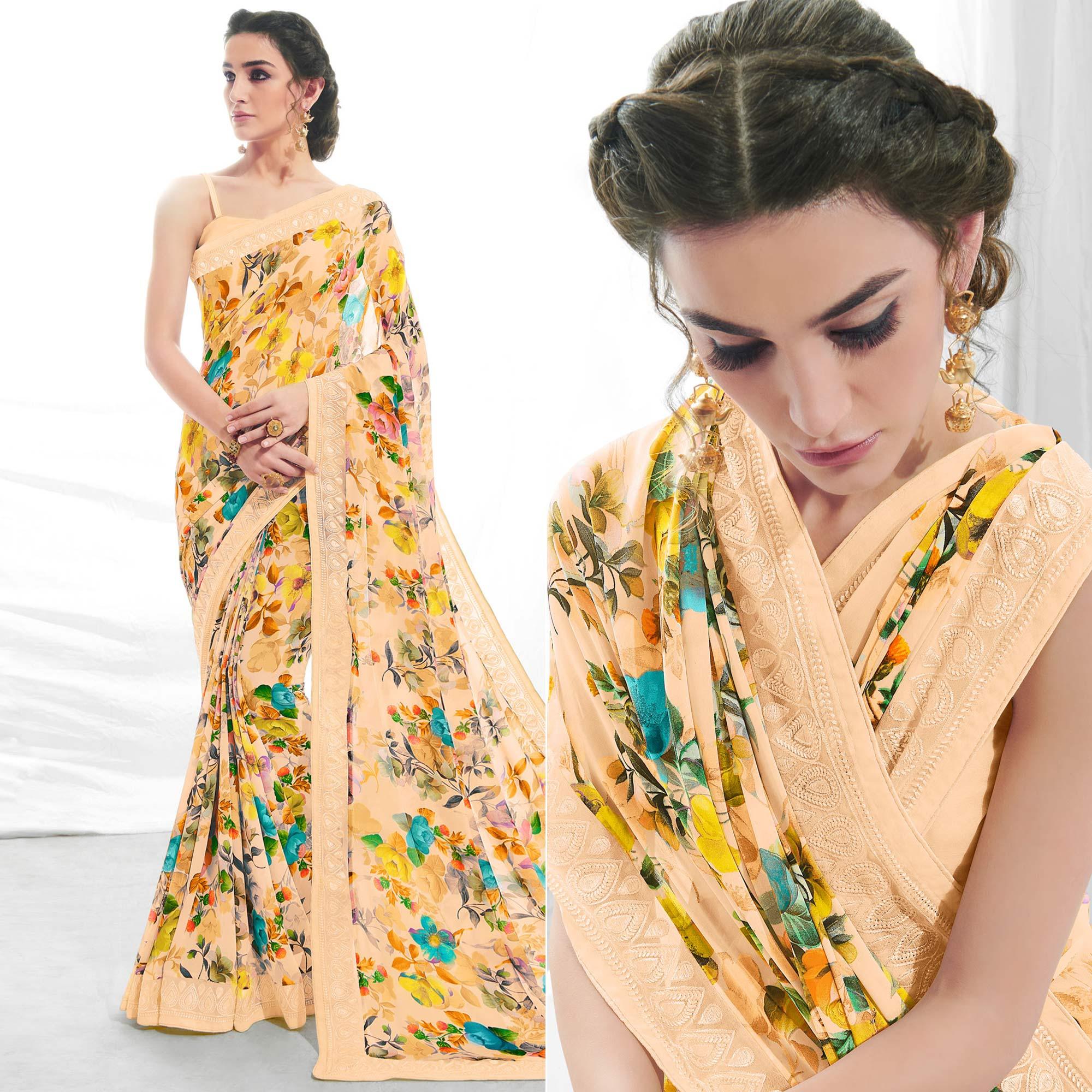 Peach Floral Printed With Embroidered Border Georgette Saree - Peachmode