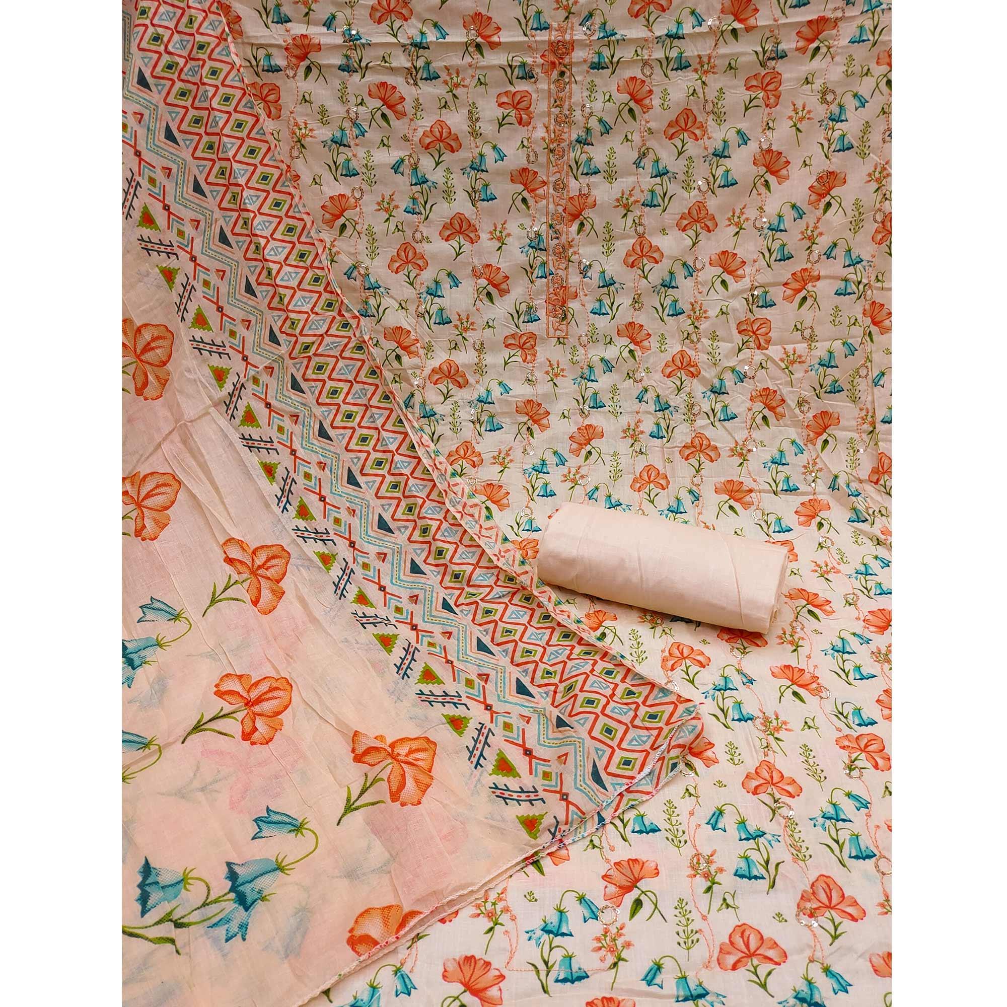 Peach Floral Printed With Embroidered Pure Cotton Dress Material - Peachmode