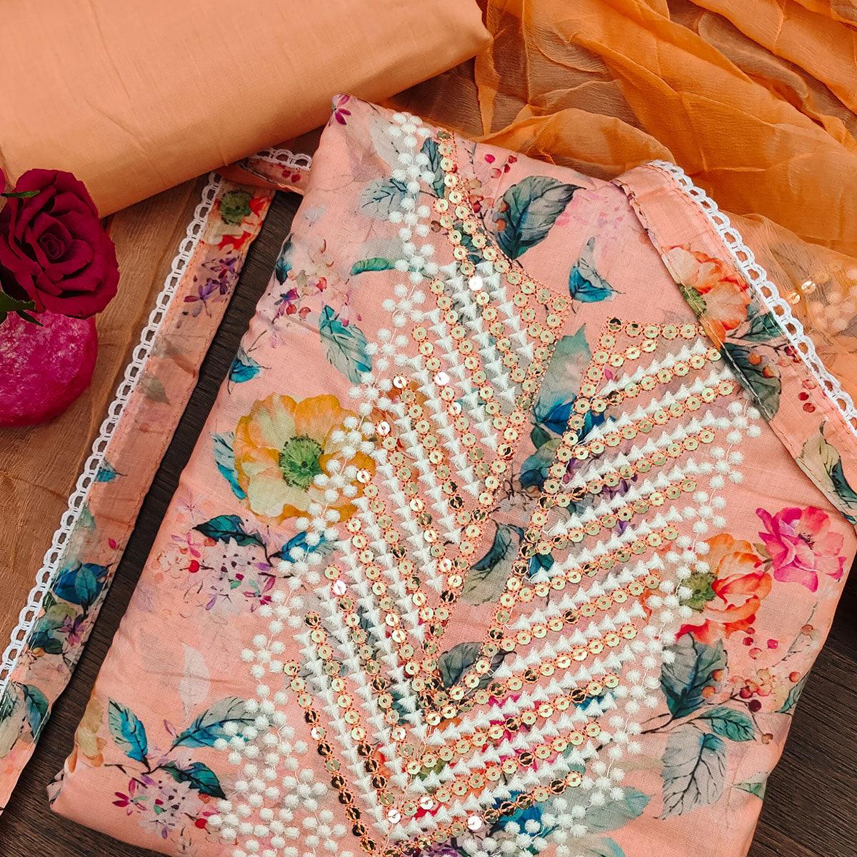 Peach Floral Printed With Sequence Embroidery Pure Cotton Dress Material - Peachmode