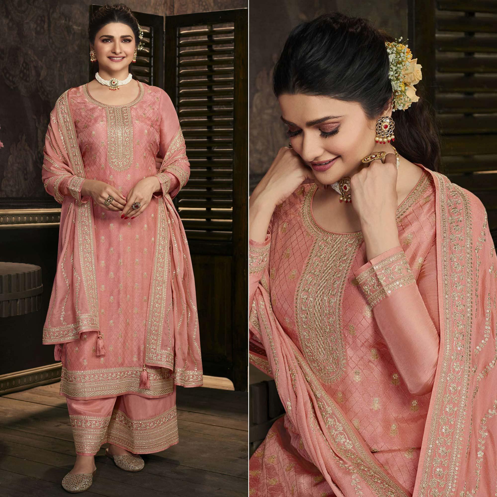 Peach Floral Sequence Embroidered Dola Silk Palazzo Suit - Peachmode
