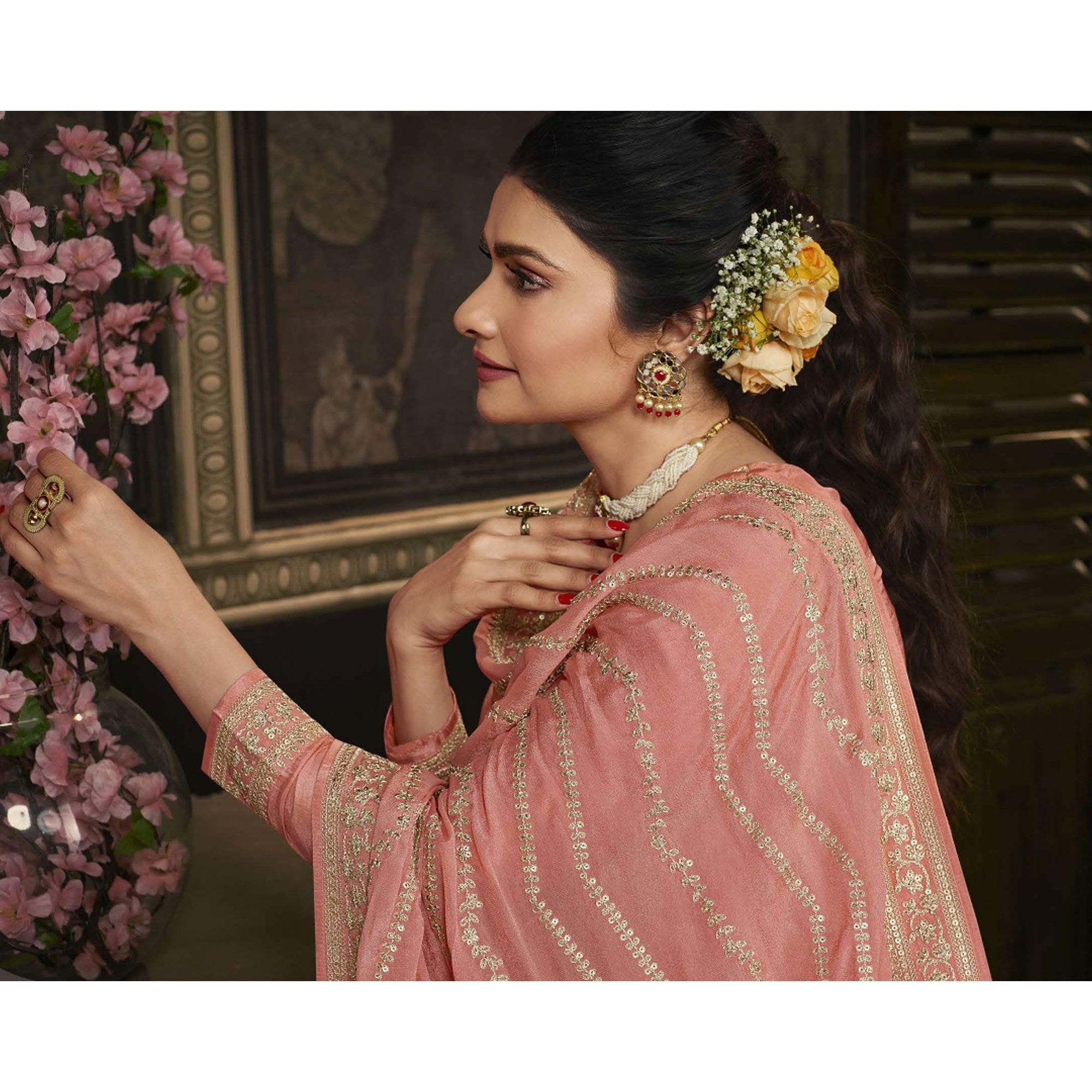 Peach Floral Sequence Embroidered Dola Silk Palazzo Suit - Peachmode