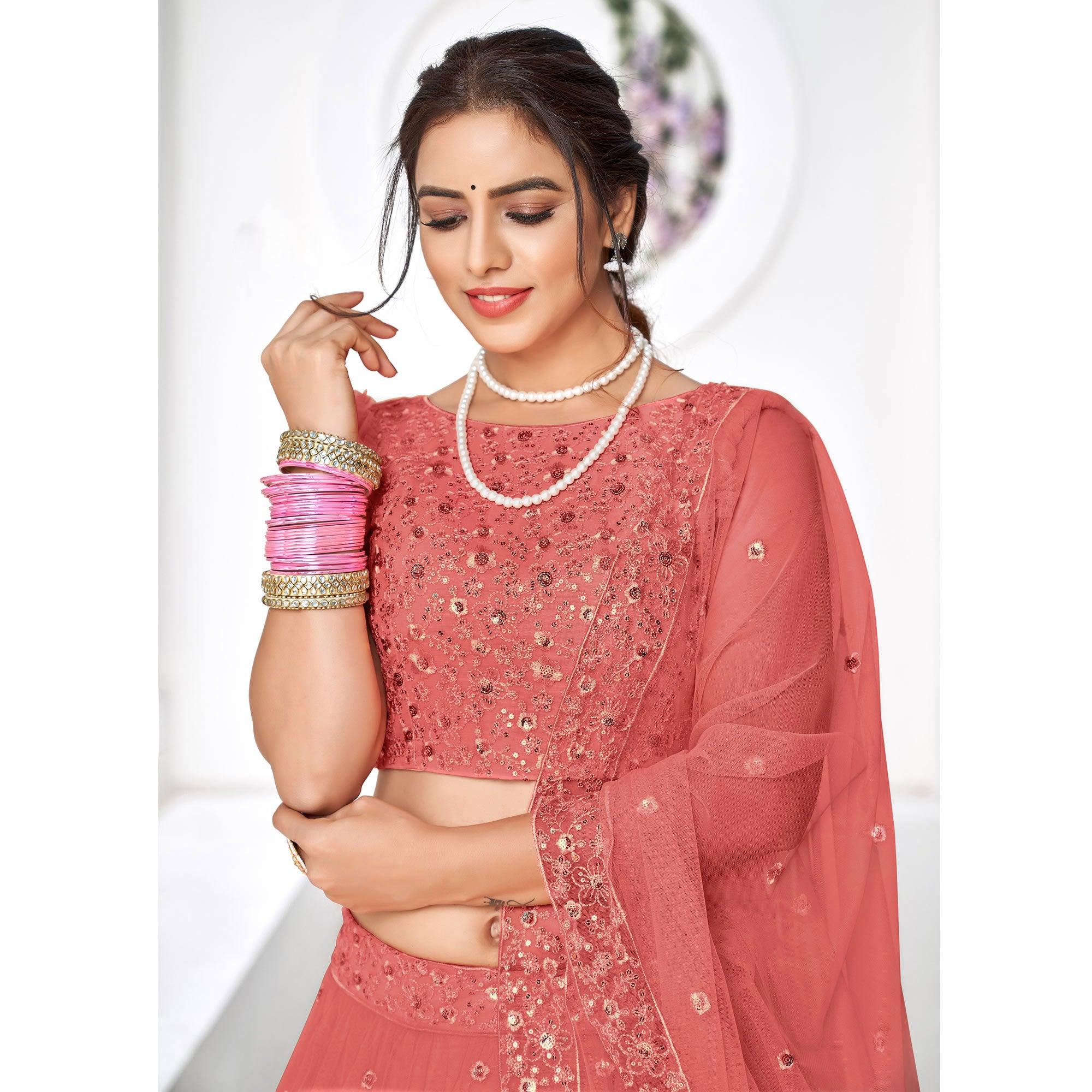 Peach Floral Sequence Embroidered Net Lehenga Choli - Peachmode