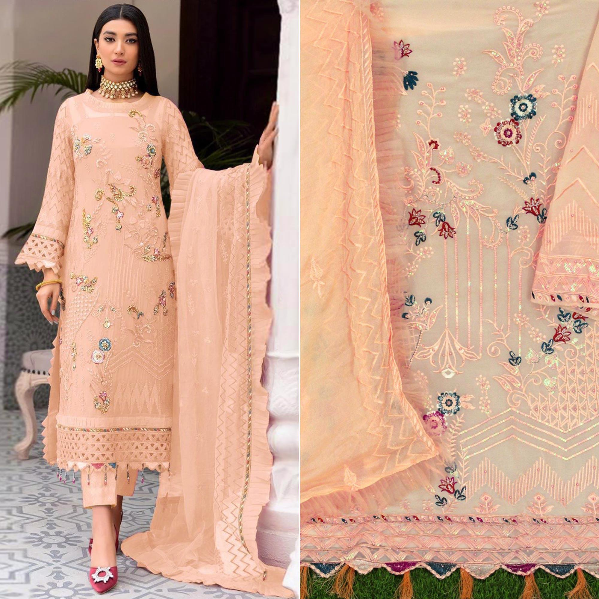 Peach Floral Sequence Embroidered Work Georgette Pakistani Suit - Peachmode