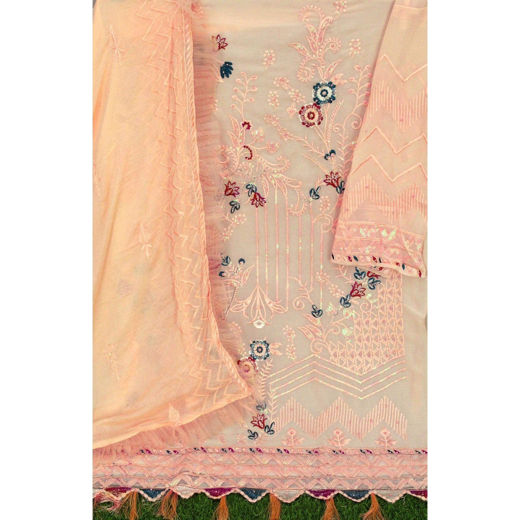 Peach Floral Sequence Embroidered Work Georgette Pakistani Suit - Peachmode