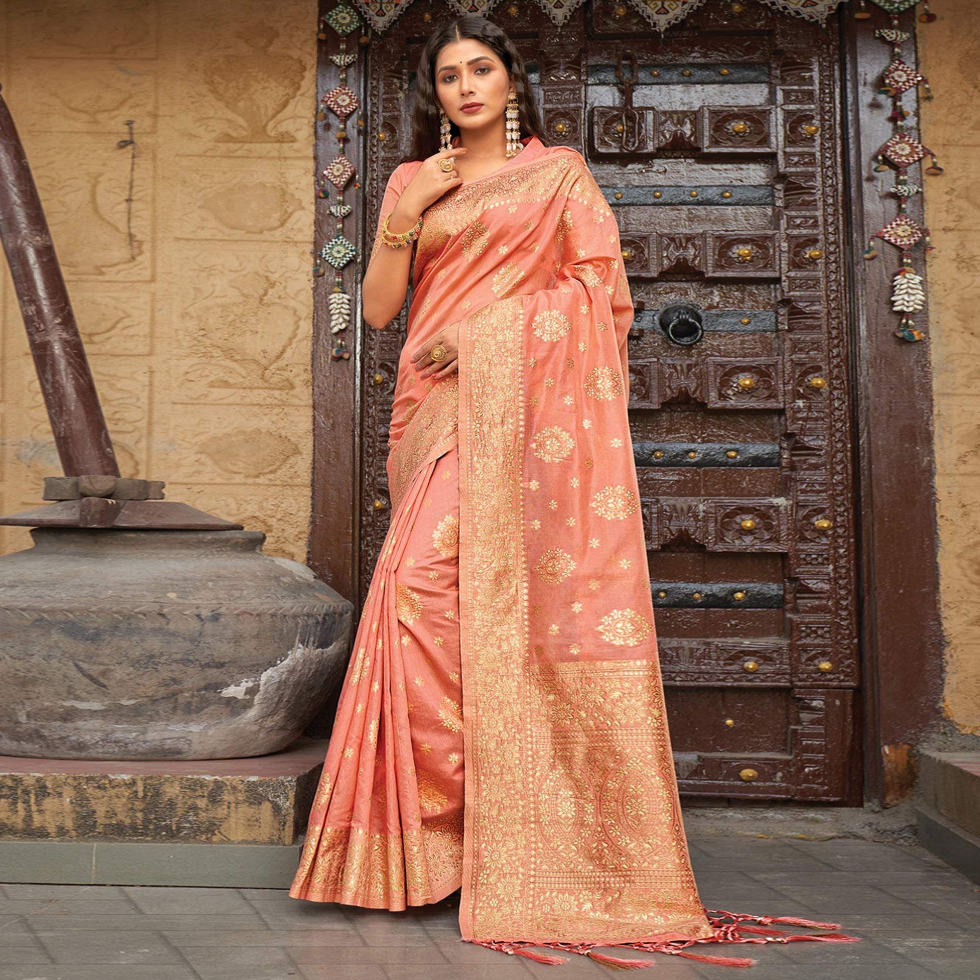 Peach Floral Woven Pure Cotton Saree - Peachmode