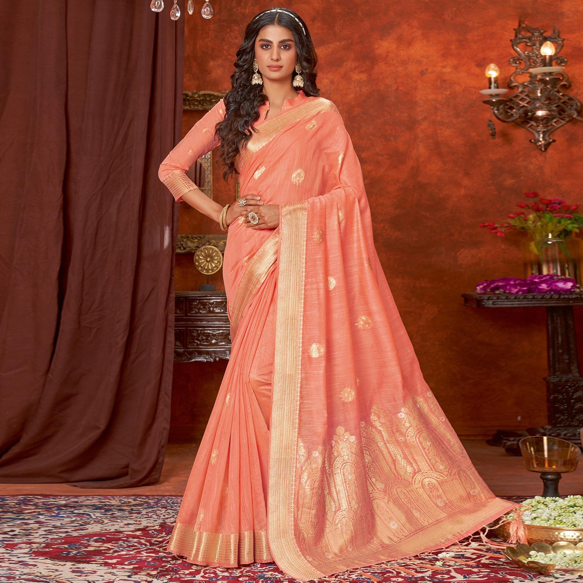 Peach Floral Woven Pure Cotton Saree - Peachmode