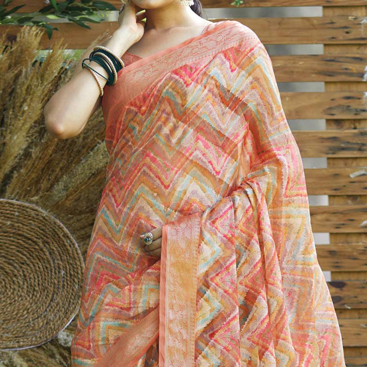 Peach Geometric Printed Art Silk Saree With Tassels - Peachmode