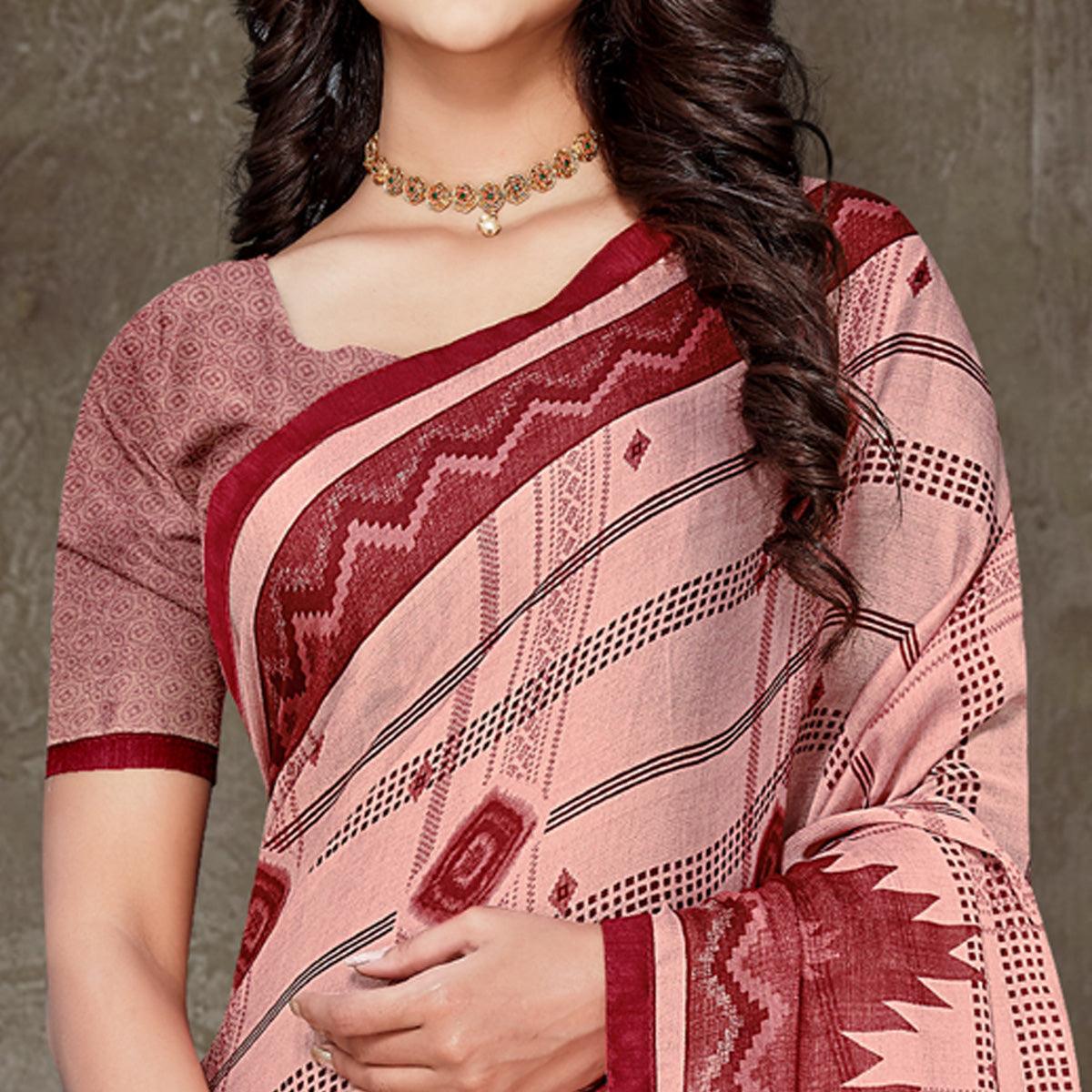 Peach Geometric Printed Chiffon Saree With Tassels - Peachmode