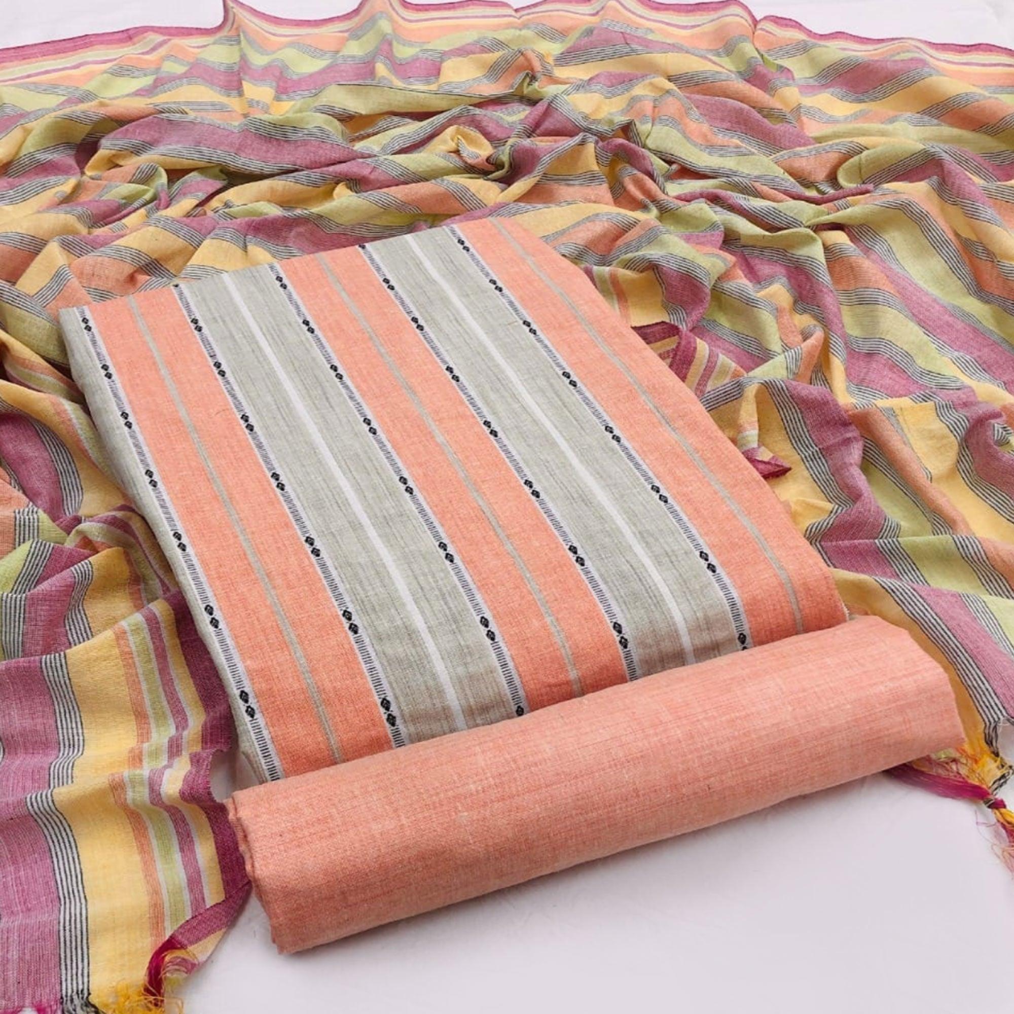 Peach-Grey Embroidered Pure Cotton Dress Material - Peachmode