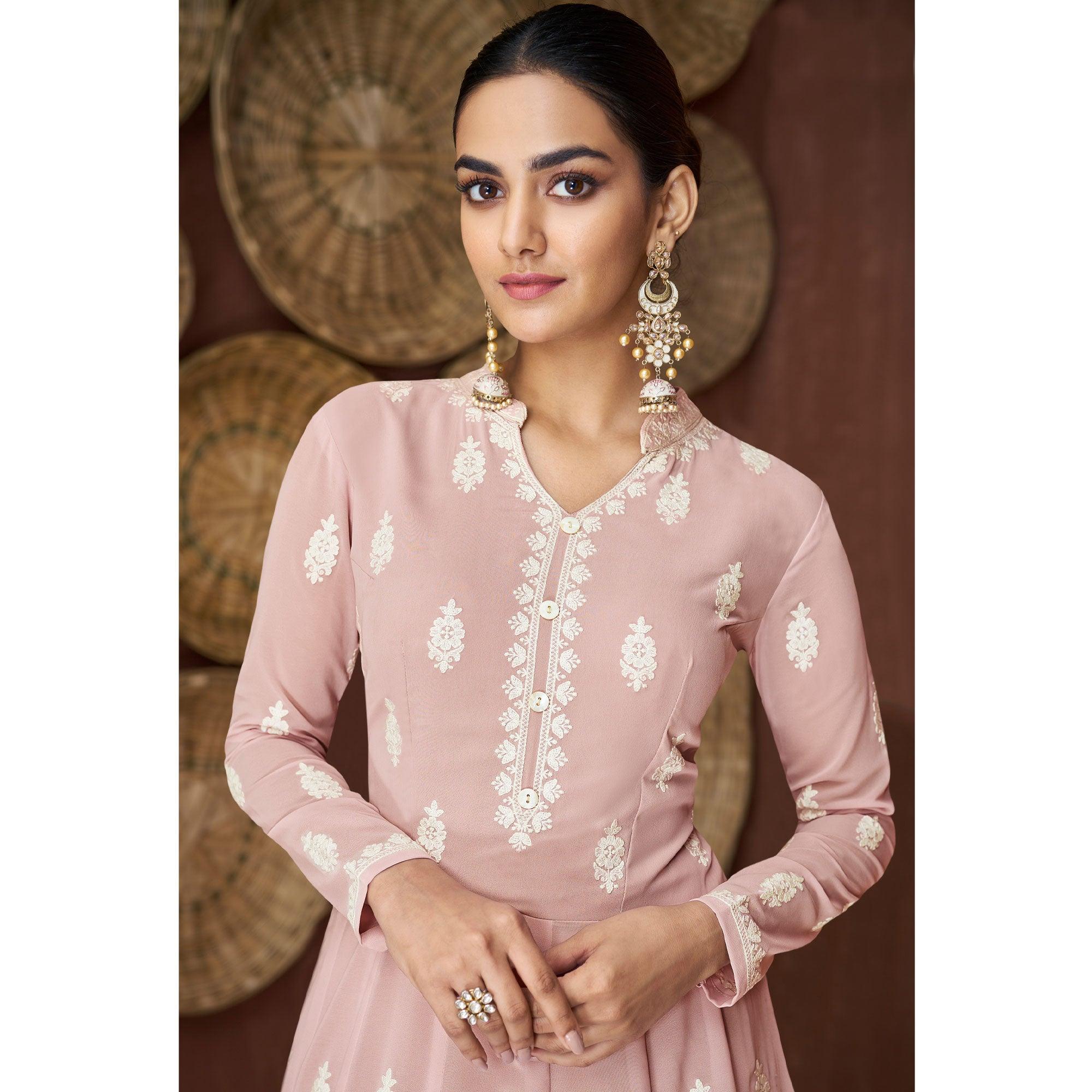 Peach Lucknowi Embroidered Georgette Gown - Peachmode