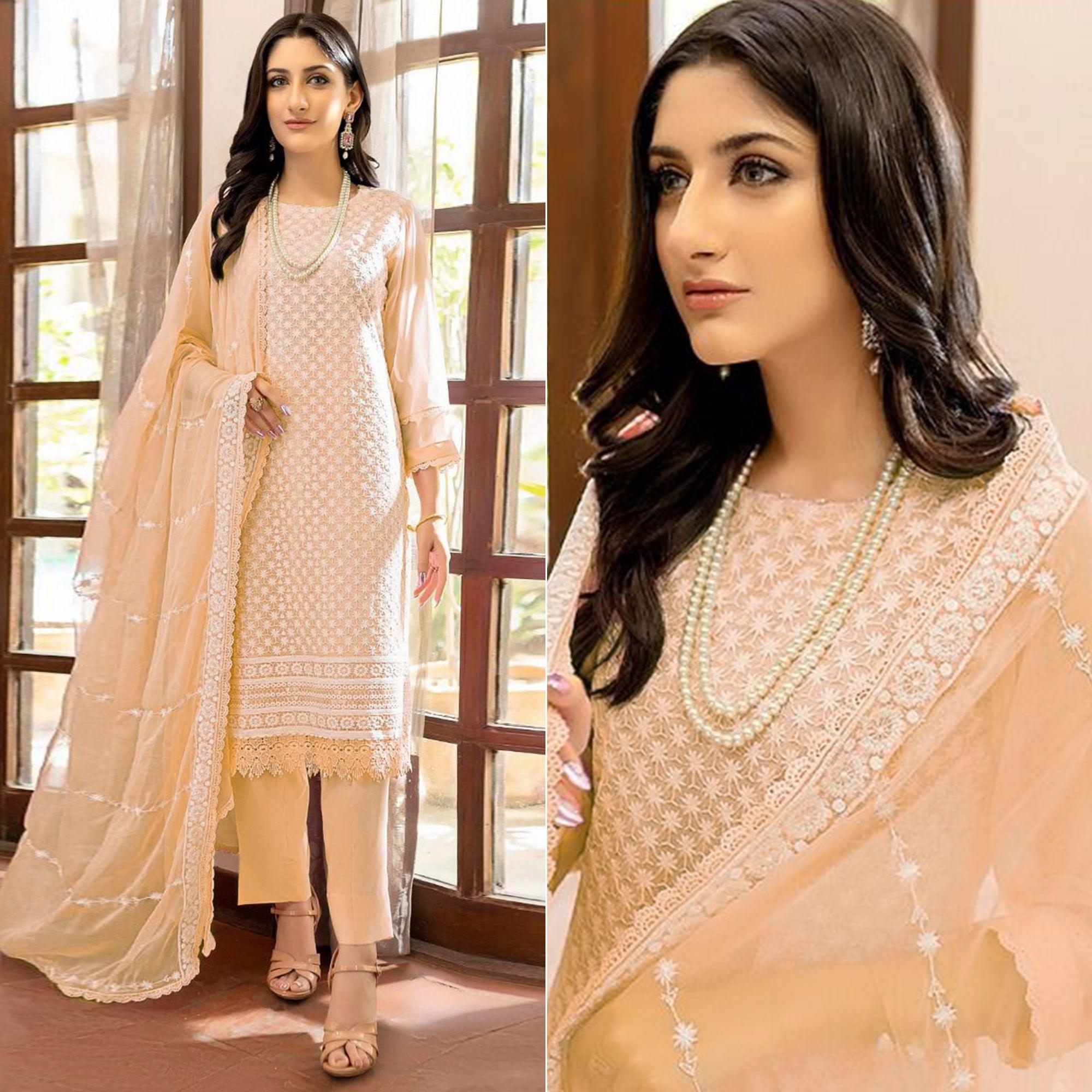 Peach Lucknowi Embroidered Georgette Pakistani Suit - Peachmode