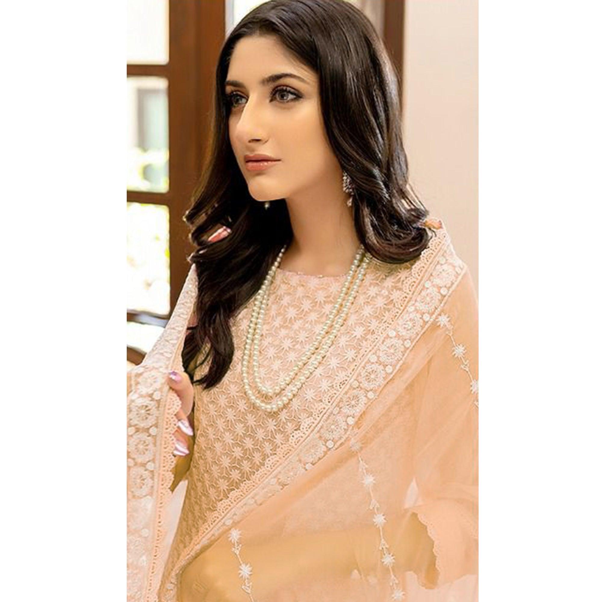 Peach Lucknowi Embroidered Georgette Pakistani Suit - Peachmode