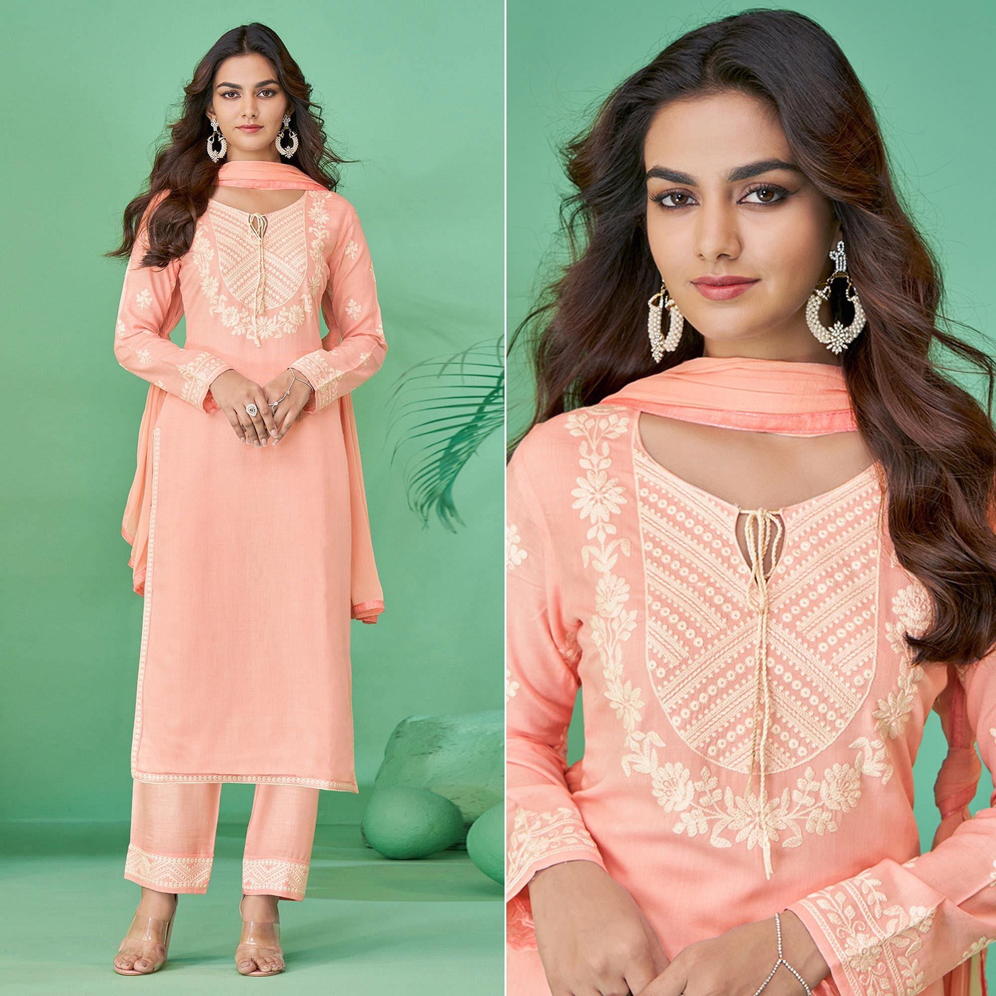 Peach Lucknowi Embroidered Rayon Kurti Pant Set With Dupatta - Peachmode