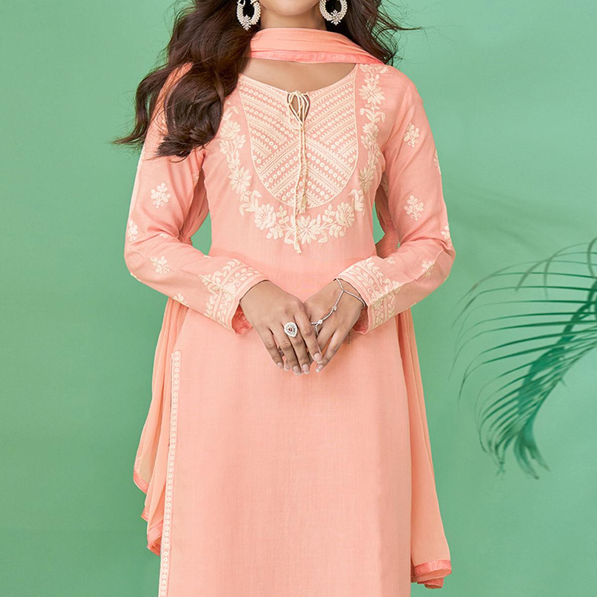 Peach Lucknowi Embroidered Rayon Kurti Pant Set With Dupatta - Peachmode
