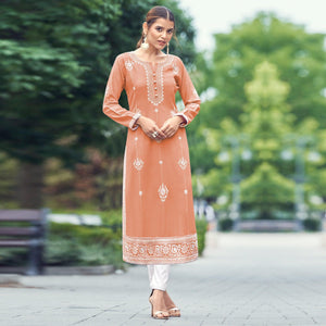 Peach Lucknowi Work Rayon Kurti - Peachmode