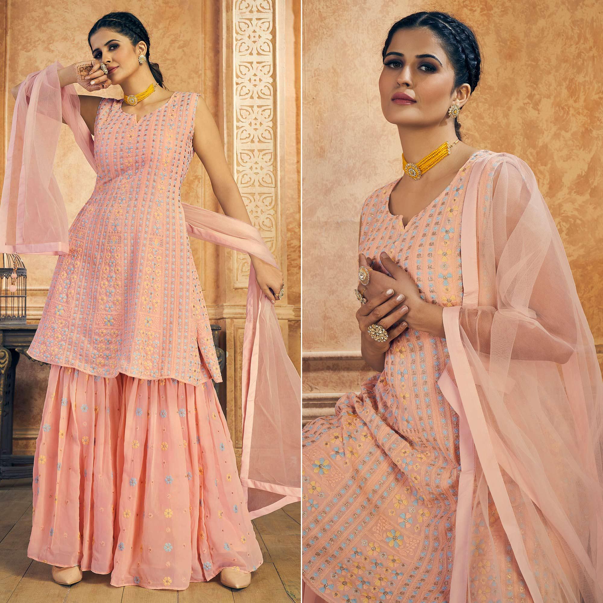 Peach Party Wear Embroiddered Georgette Sharara Suit - Peachmode