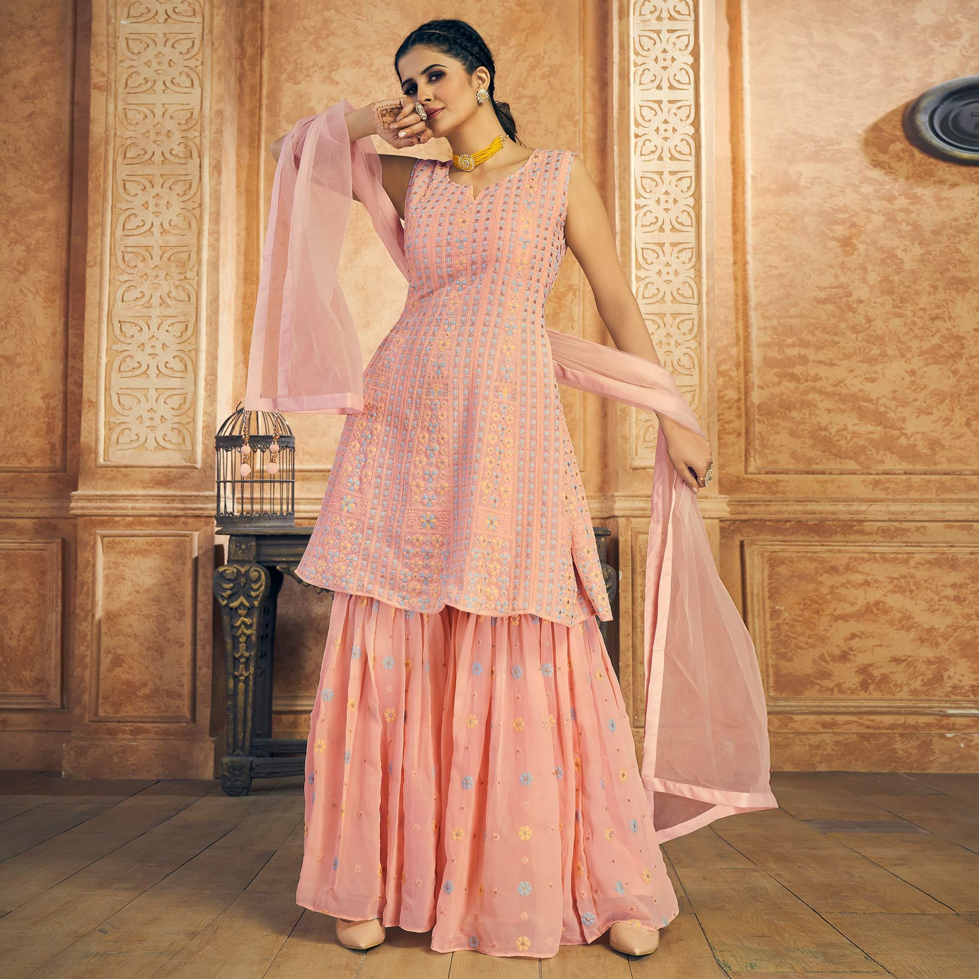 Peach Party Wear Embroiddered Georgette Sharara Suit - Peachmode
