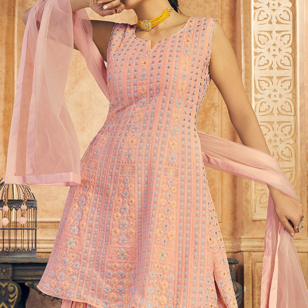 Peach Party Wear Embroiddered Georgette Sharara Suit - Peachmode