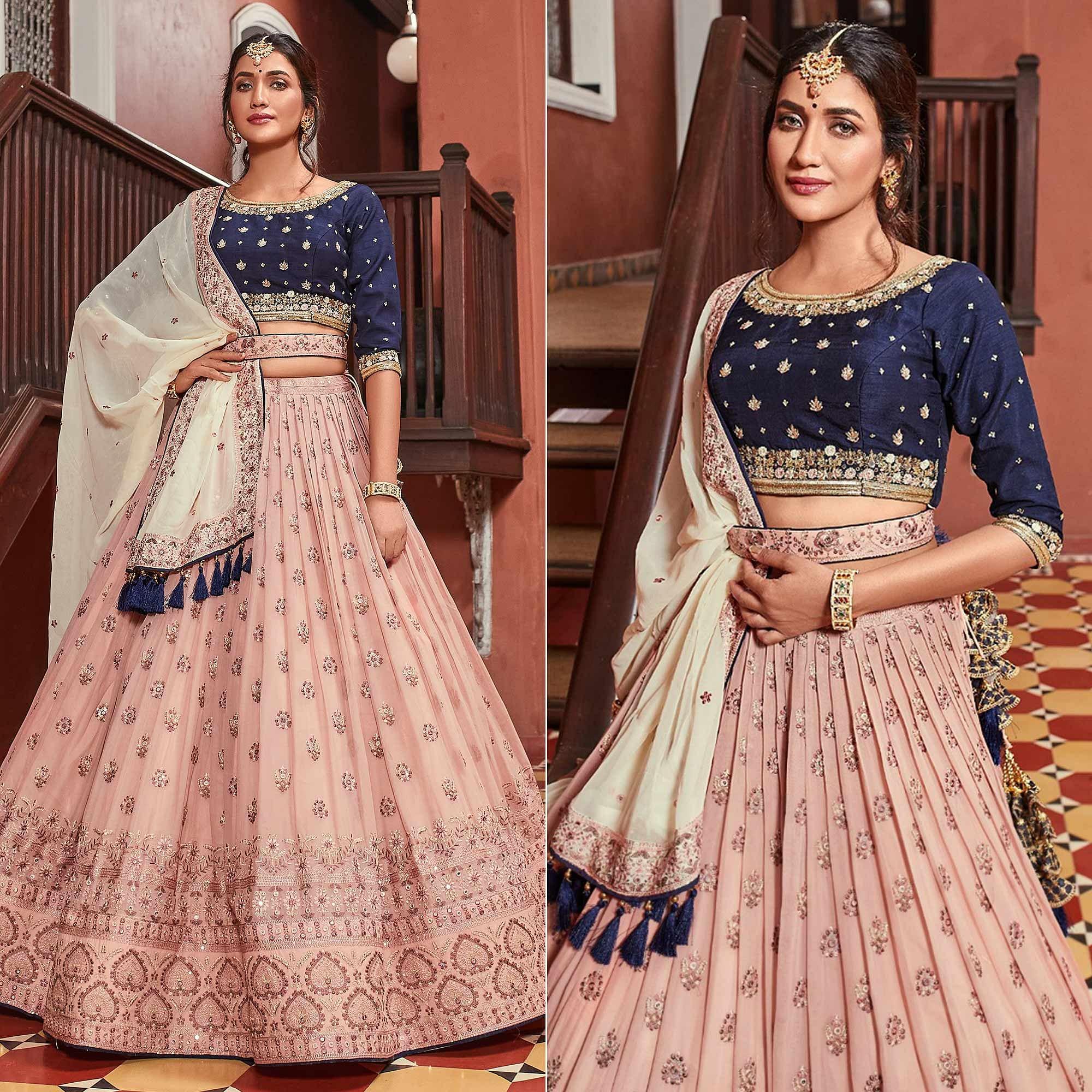 Peach Party Wear Embroidered Georgette Lehenga Choli - Peachmode