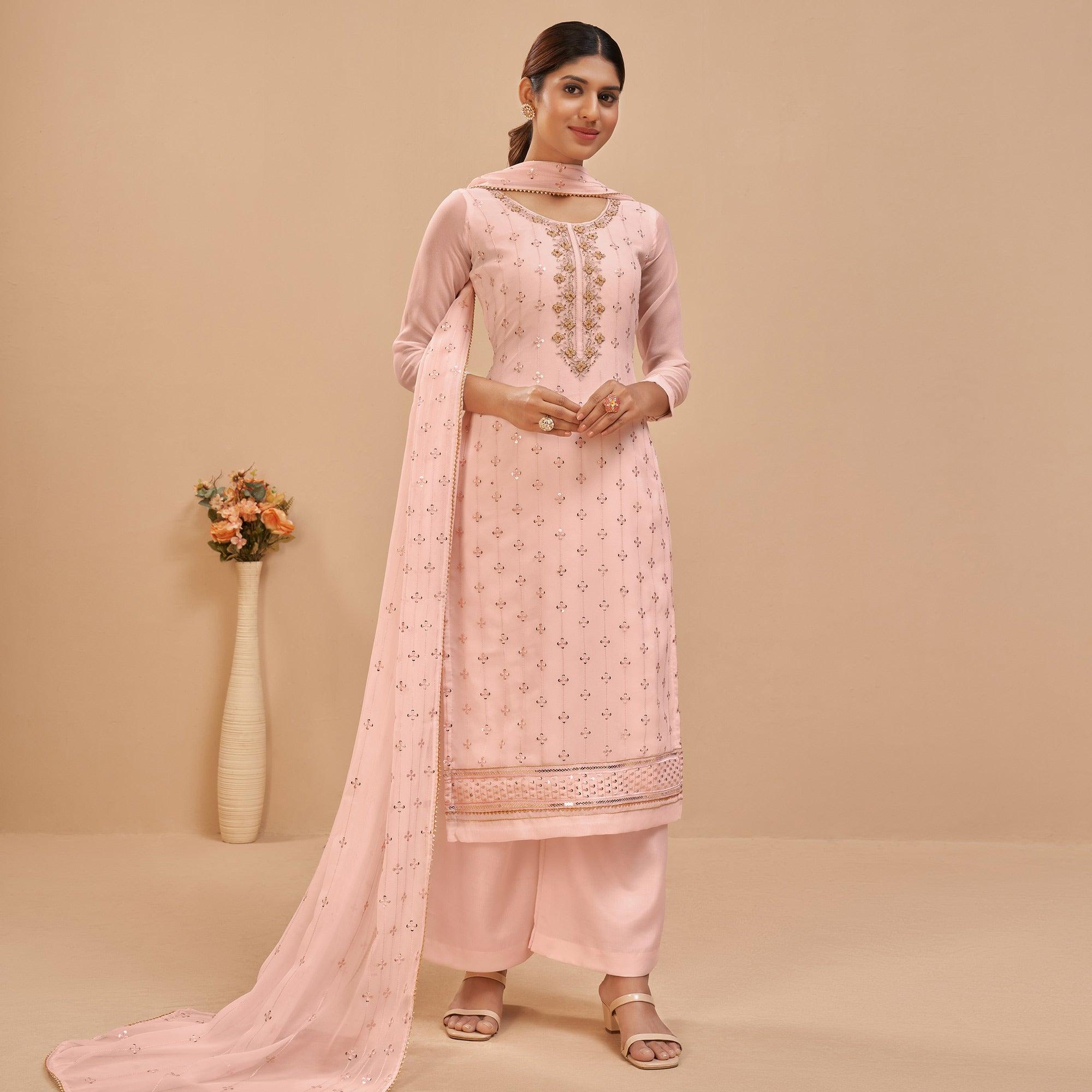 Peach Party Wear Embroidered Georgette Suit - Peachmode