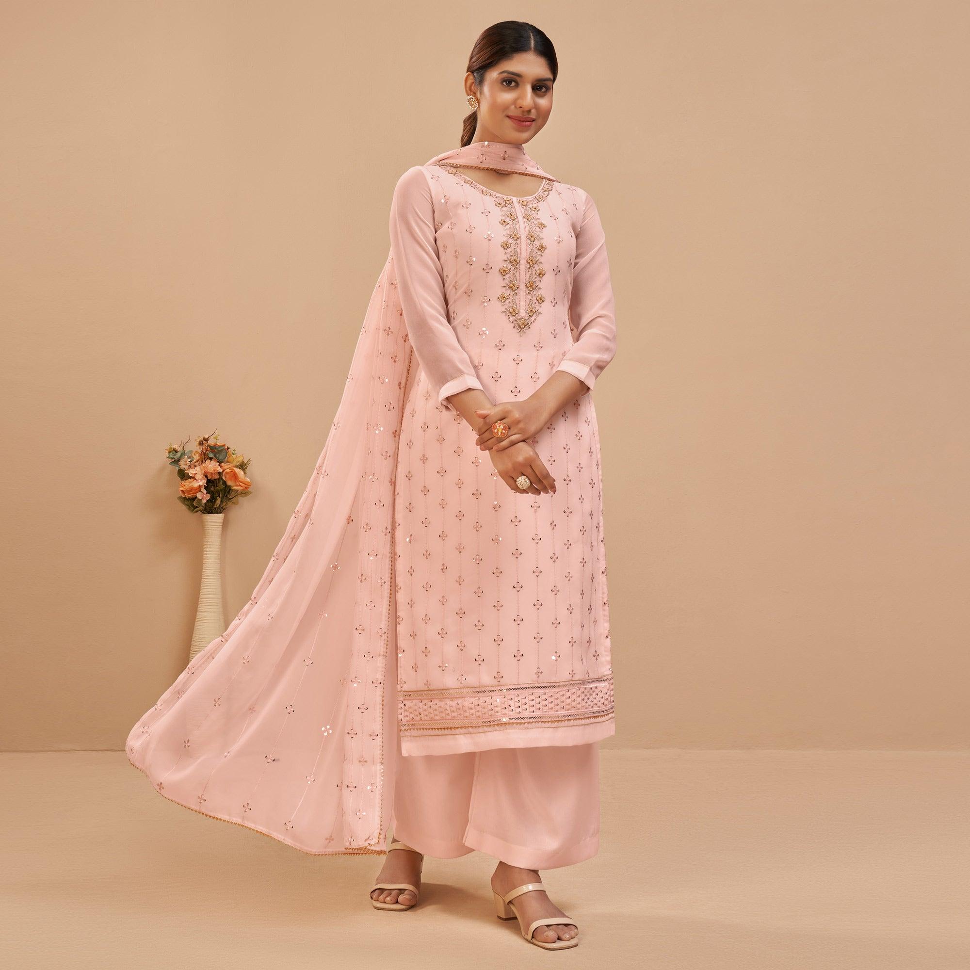 Peach Party Wear Embroidered Georgette Suit - Peachmode