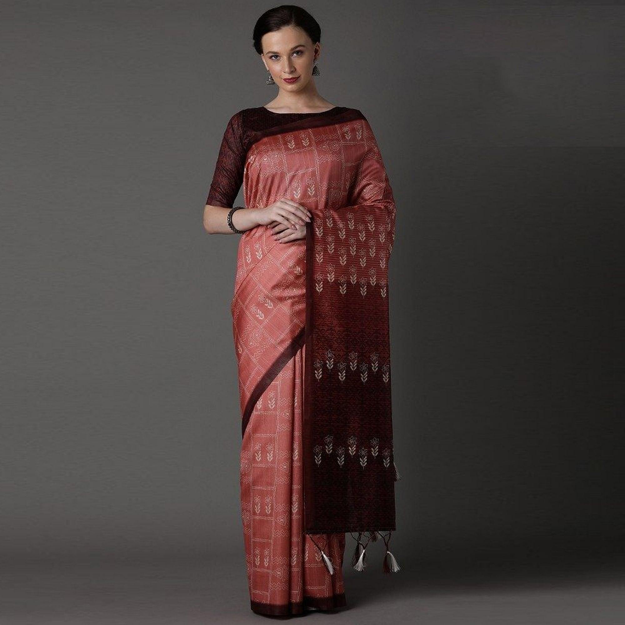 Peach Party Wear Satin Printed Saree With Unstitched Blouse - Peachmode